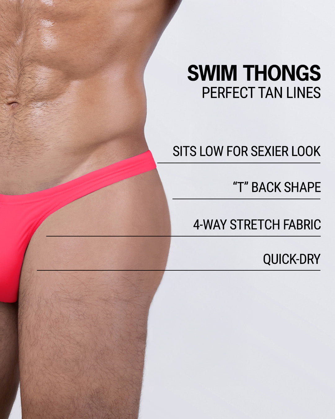 DC2 High Voltage Red Swim Thong — product graphic highlighting 4-way stretch, quick-dry fabric, low-sit waist, and signature thong shape.