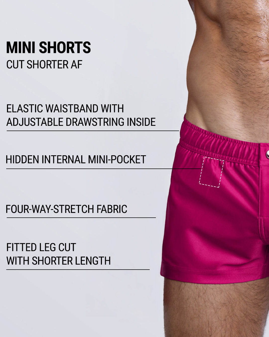 Product details graphic of HOT SHOT MAGENTA Mini Shorts — showcasing internal drawstring, hidden mini pocket, four-way-stretch, and short-cut leg fit.