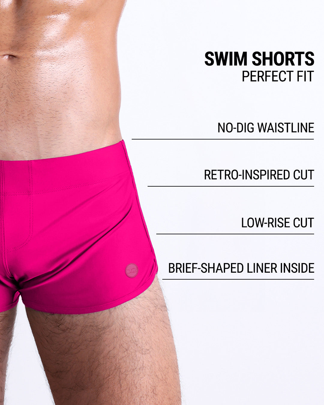 Product details graphic of Hot Shot Magenta Swim Shorts — showcasing no-dig waistband, low-rise cut, and brief-shaped liner inside.