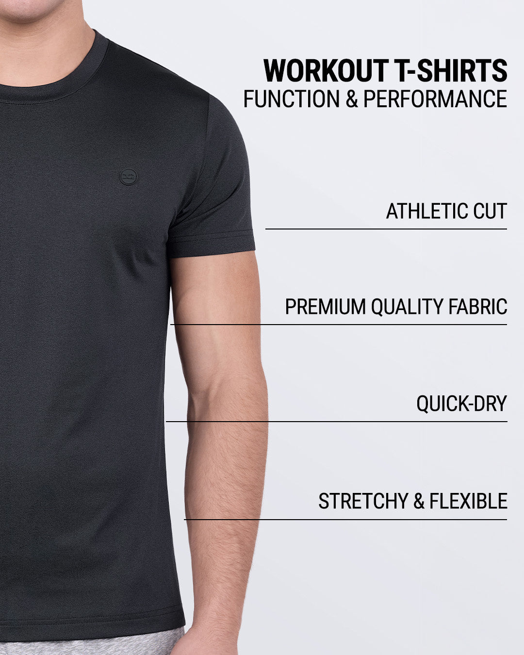 Product details graphic of Iron Black Fitness T-Shirt — showcasing athletic cut, quick-dry, and flexible performance fabric.