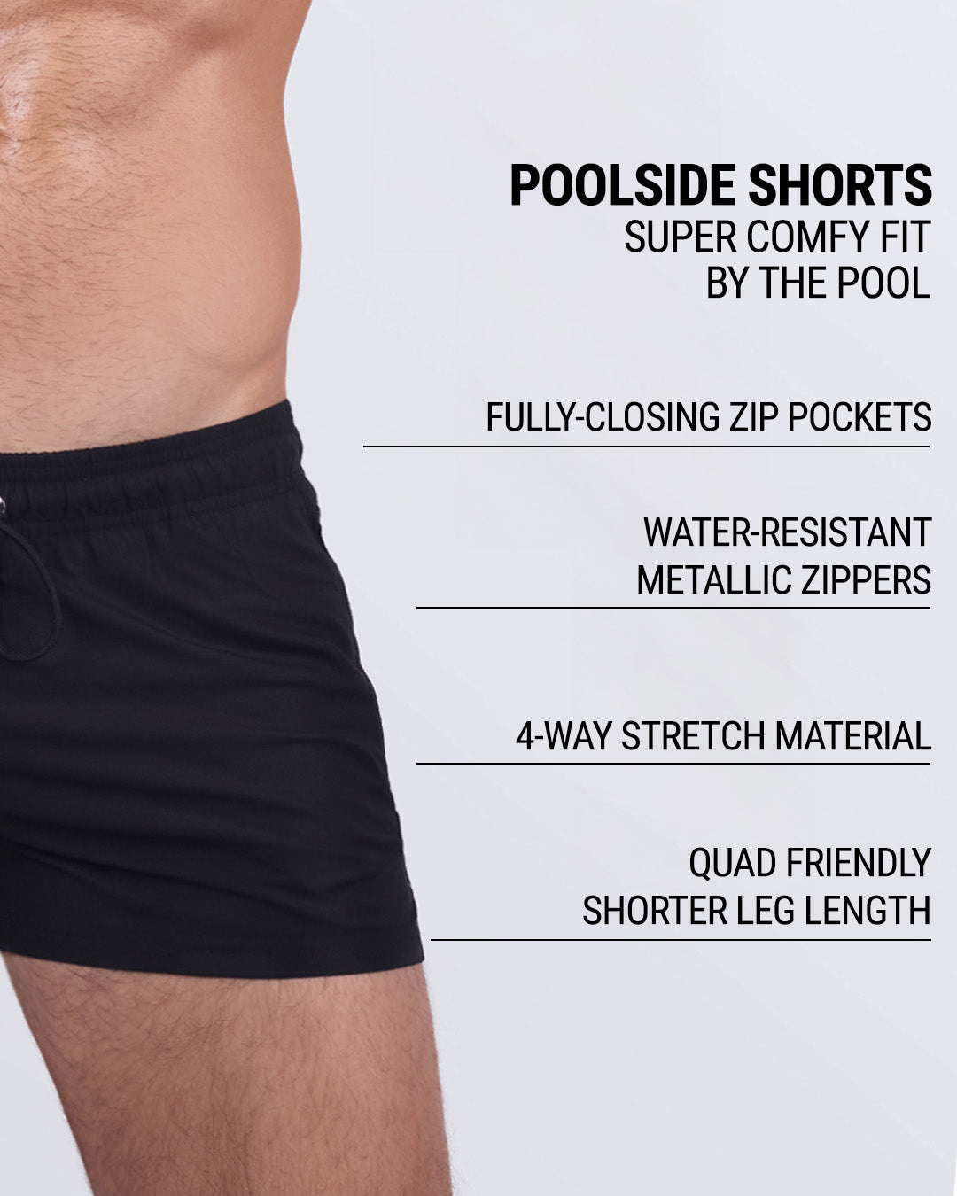 Detail shot of JET BLACK Poolside Shorts listing key features: zippered pockets, stretch fabric, water-resistant hardware, and shorter leg length for mobility and style.