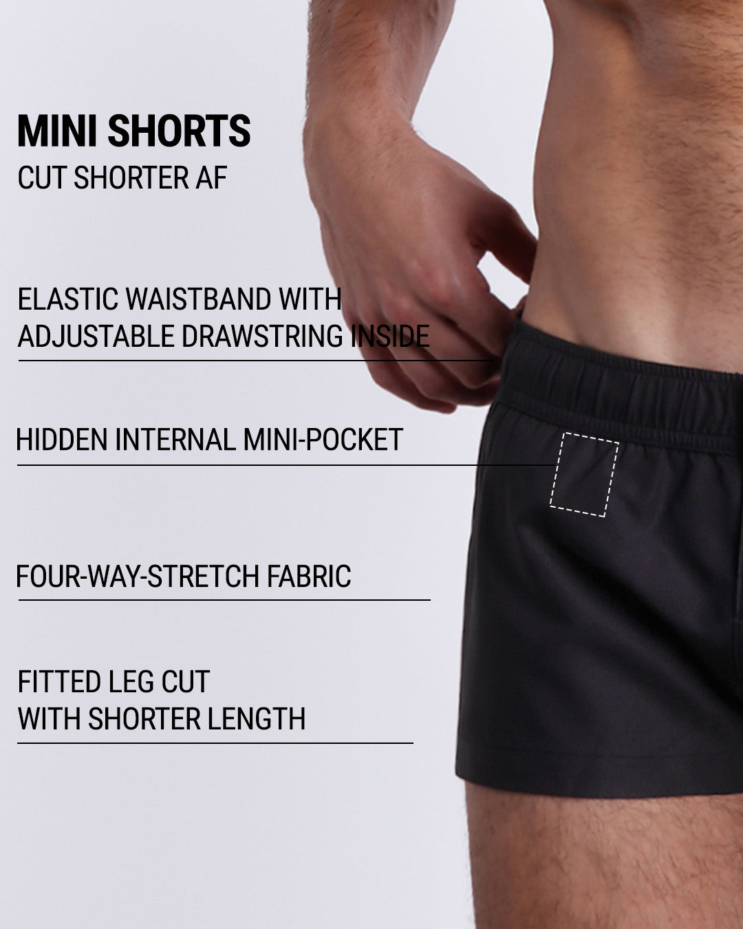 Infographic explaining the many features of the JET BLACK Mini Shorts. These MINI SHORTS have elastic waistband with adjustable drawstring inside, hidden internal mini-pocket, 4-way stretch fabric, and are quad friendly with fitted leg cut with shorter leg length.