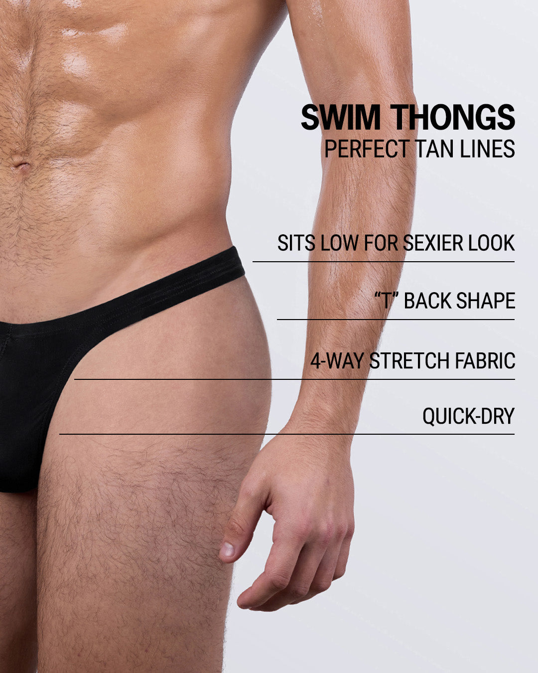 DC2 JET BLACK men's swim thong with side view and feature highlights – low-rise cut, sexy T-back style, quick-dry performance fabric, and 4-way stretch comfort.