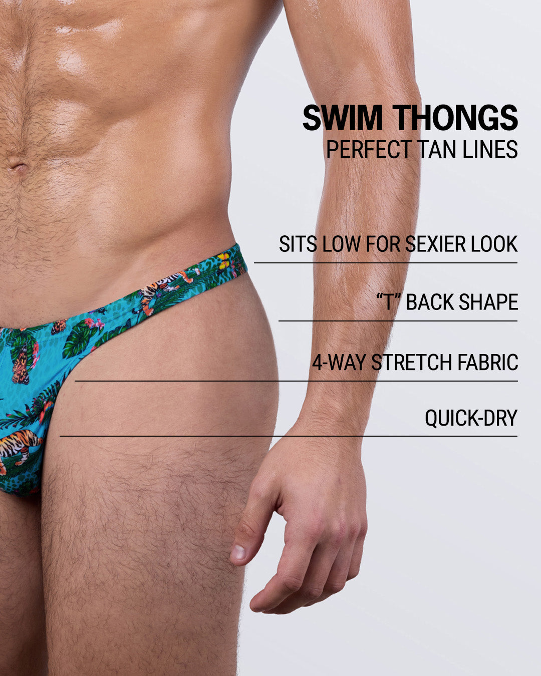Close-up of DC2 Jungle Boogie men’s swim thong highlighting features: sits low for sexier look, T-back shape, 4-way stretch swim fabric, and quick-dry performance design.