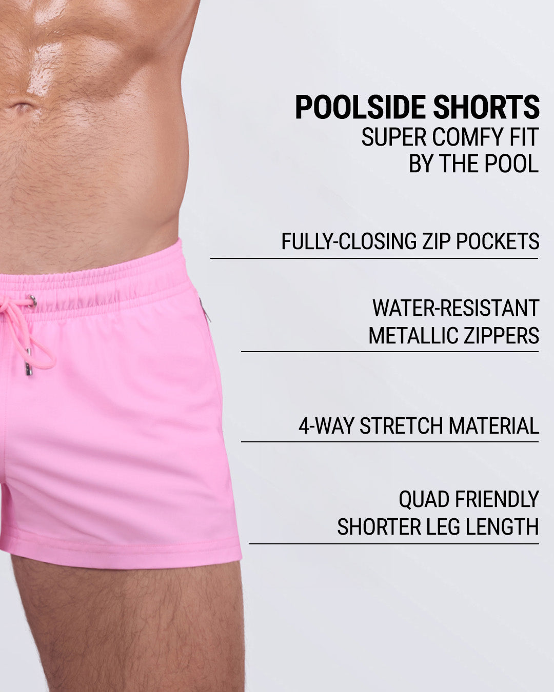 LA BEACH EN ROSE poolside shorts displayed with key features: zippered side pockets, water-resistant zippers, quad-friendly cut, 4-way stretch fabric, and a cheerful pink finish.
