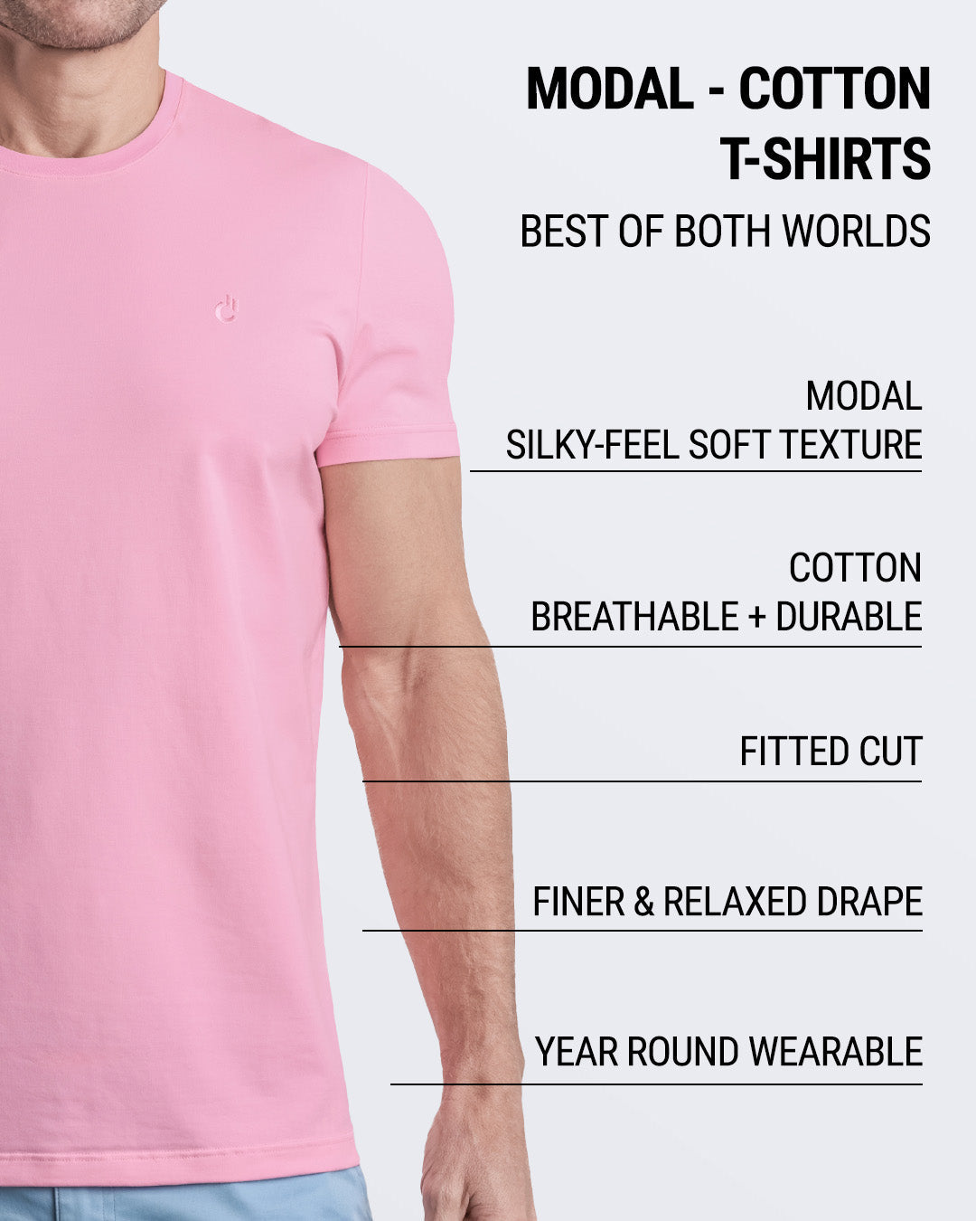 Male model wearing a pink modal-cotton T-shirt with a fitted cut, designed for comfort, breathability, and durability.