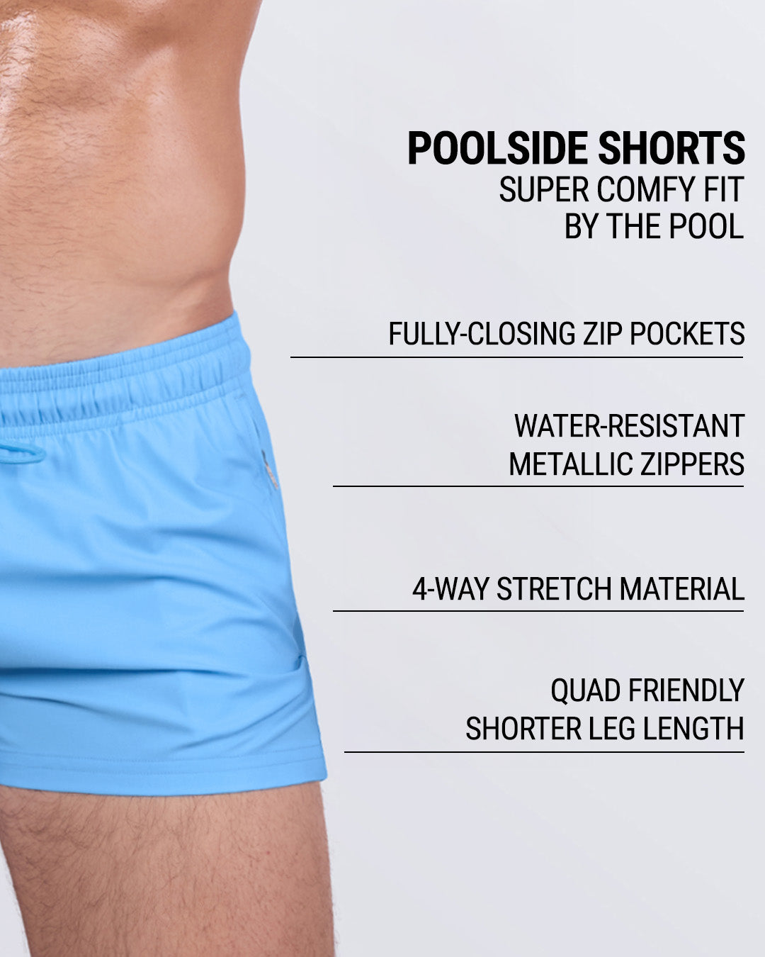 Product callout image for MAGNET BLUE Poolside Shorts featuring quick-dry stretch material, secure zip pockets, and shorter quad-hugging fit for all-day comfort by the water.