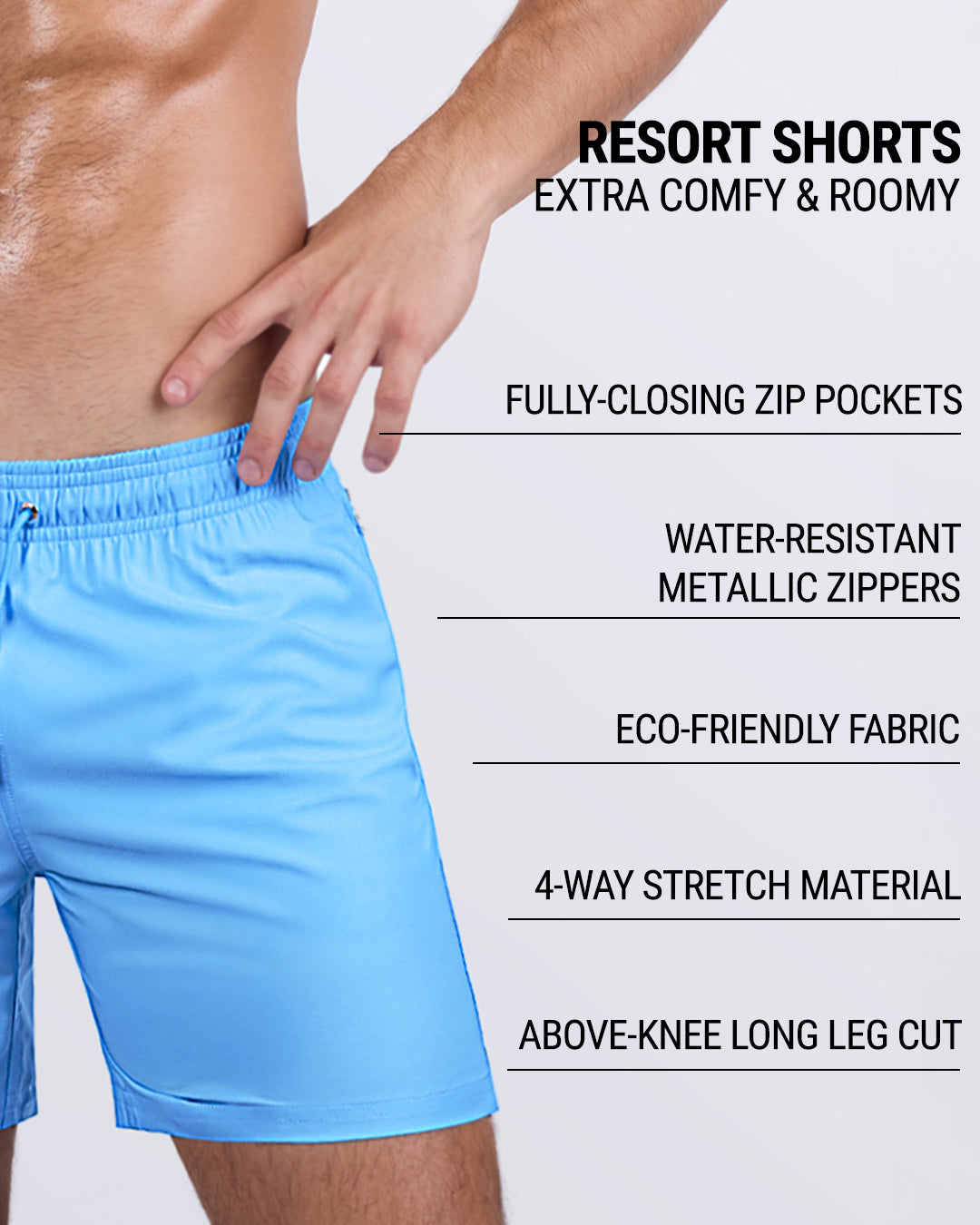 Close-up view of a male model wearing DC2’s MAGNET BLUE Resort Shorts. These premium men's beachwear shorts feature a roomy fit, fully-closing zip pockets, water-resistant metallic zippers, water-repellent fabric, and a 4-way stretch material for enhanced comfort. The above-knee long leg cut adds a stylish touch, making them perfect for beach days and casual wear. Designed by DC2, a Miami-based men's fashion brand.