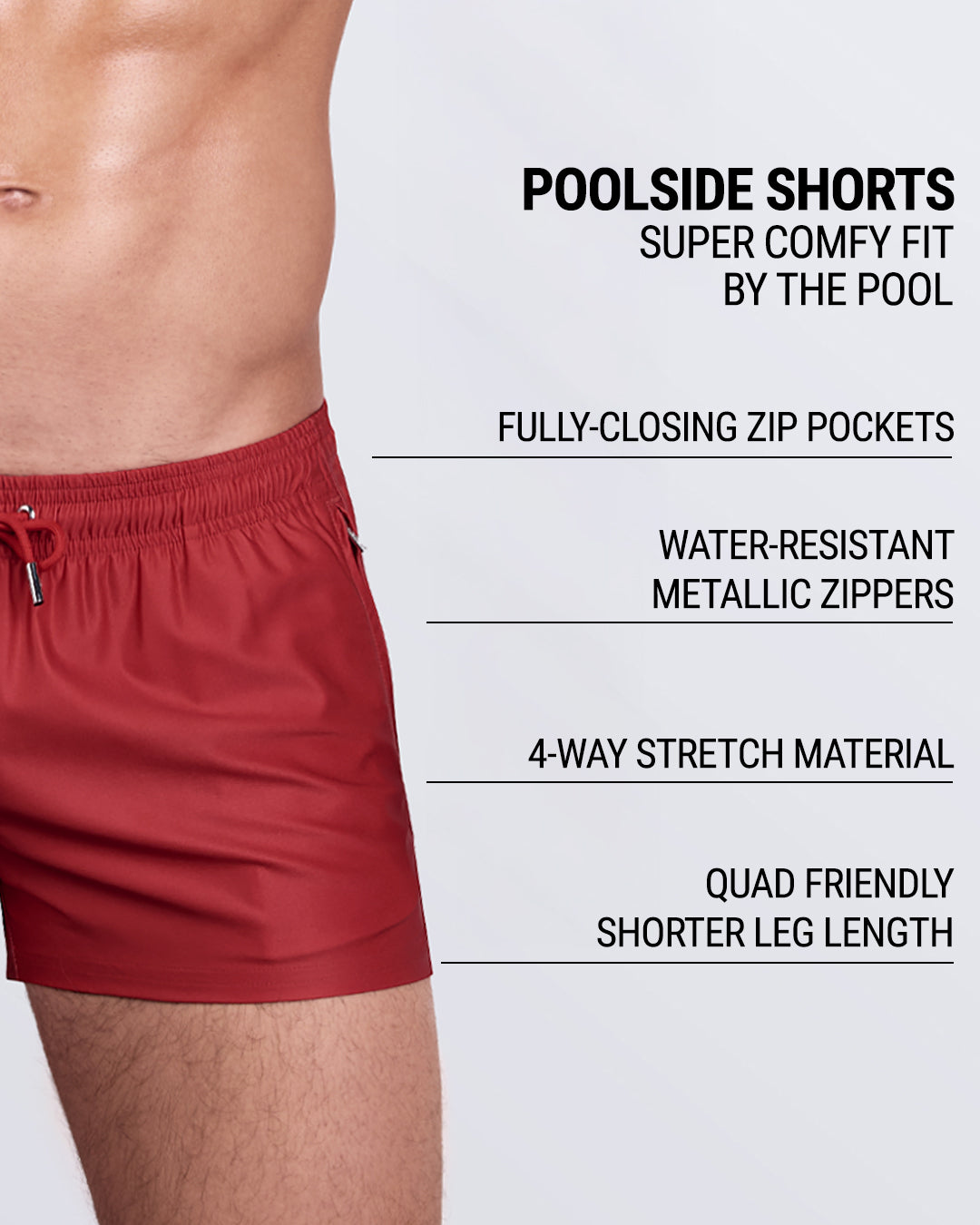 DC2 Poolside Shorts in Majestic Red with zip pockets, 4-way stretch, and shorter length for maximum comfort.