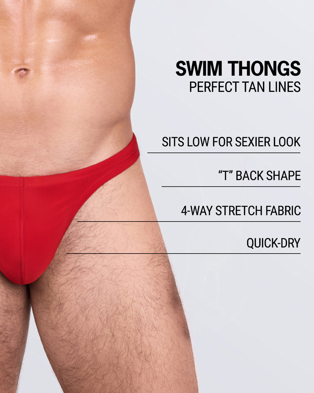 DC2 Majestic Red Swim Thong — product graphic calling out quick-dry fabric, 4-way stretch, low-rise cut, and cheeky back shape.