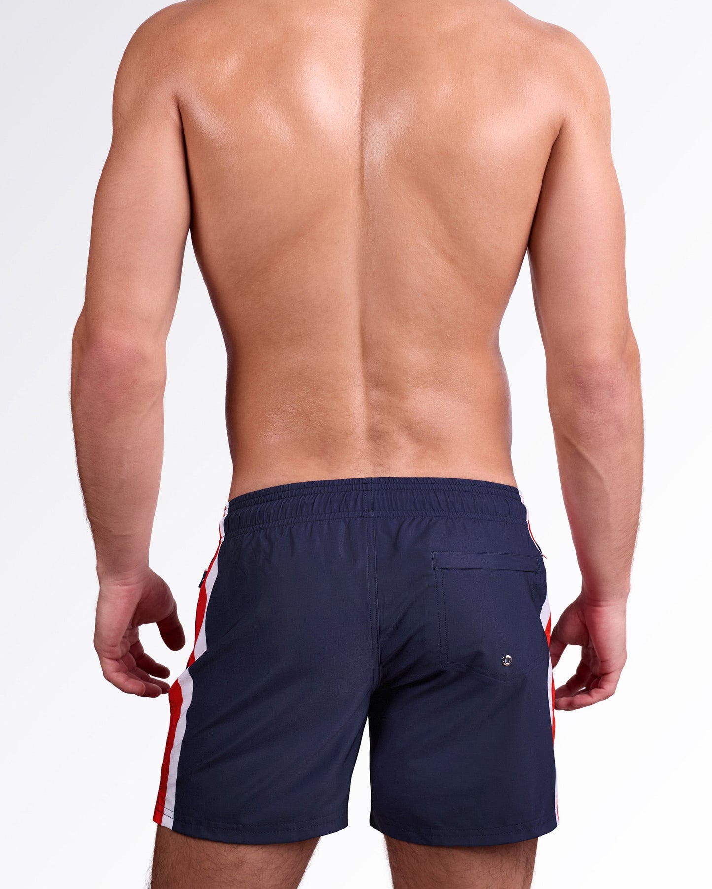 DC2 Miami Maritime Resort Shorts — back view showing the navy design, side stripe panels, and rear patch pocket.