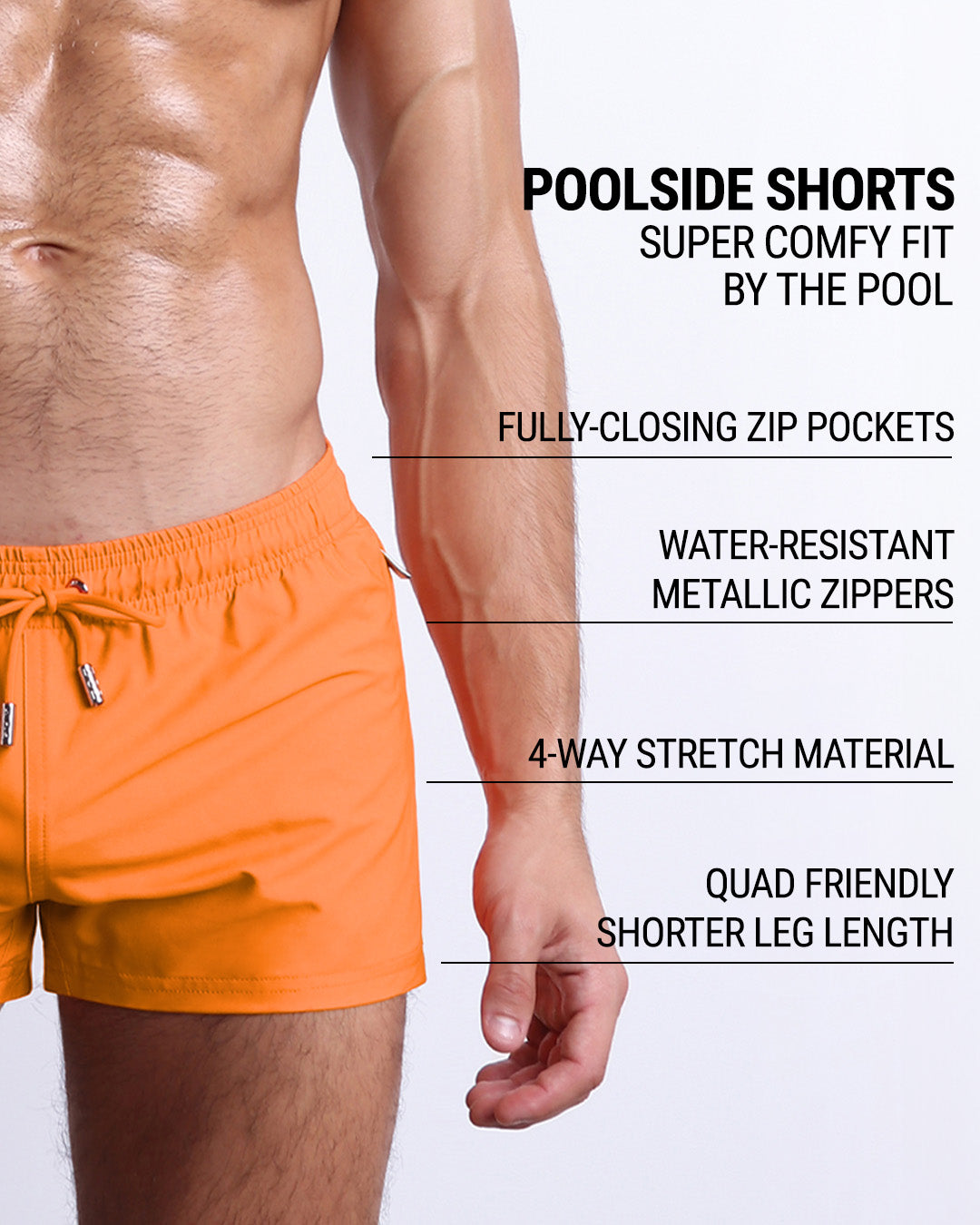 Infographic explaining DC2's Poolside Shorts the "showiest" beach shorts. These shorts have drawstring fastening, deep slip pockets, 4-way stretch material, and quad friendly shorter leg length.