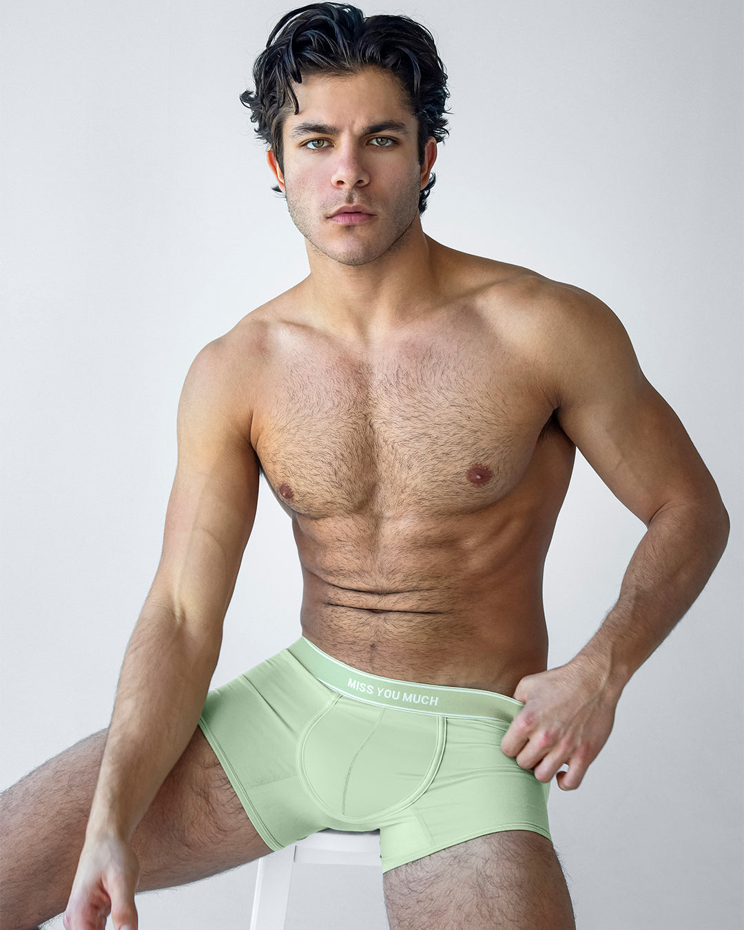 DC2 Miss You Much modal boxer briefs from the PLAY-FM series, worn by male model, soft mint men’s underwear designed for comfort and everyday wear.