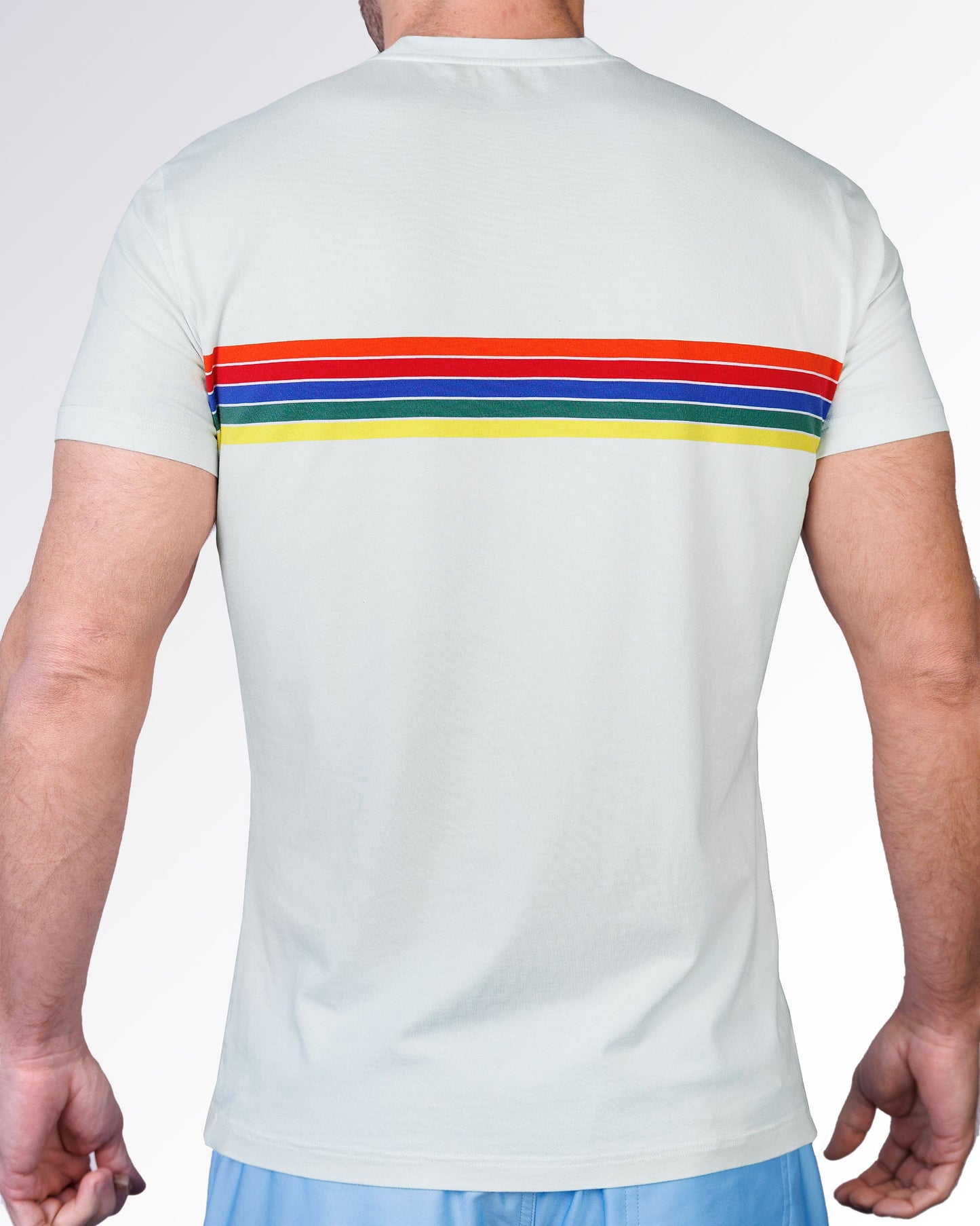 Back view of the Mixtape Stripes Cotton Graphic T-Shirt by DC2 Miami with clean minimalist styling and horizontal stripe graphic.
