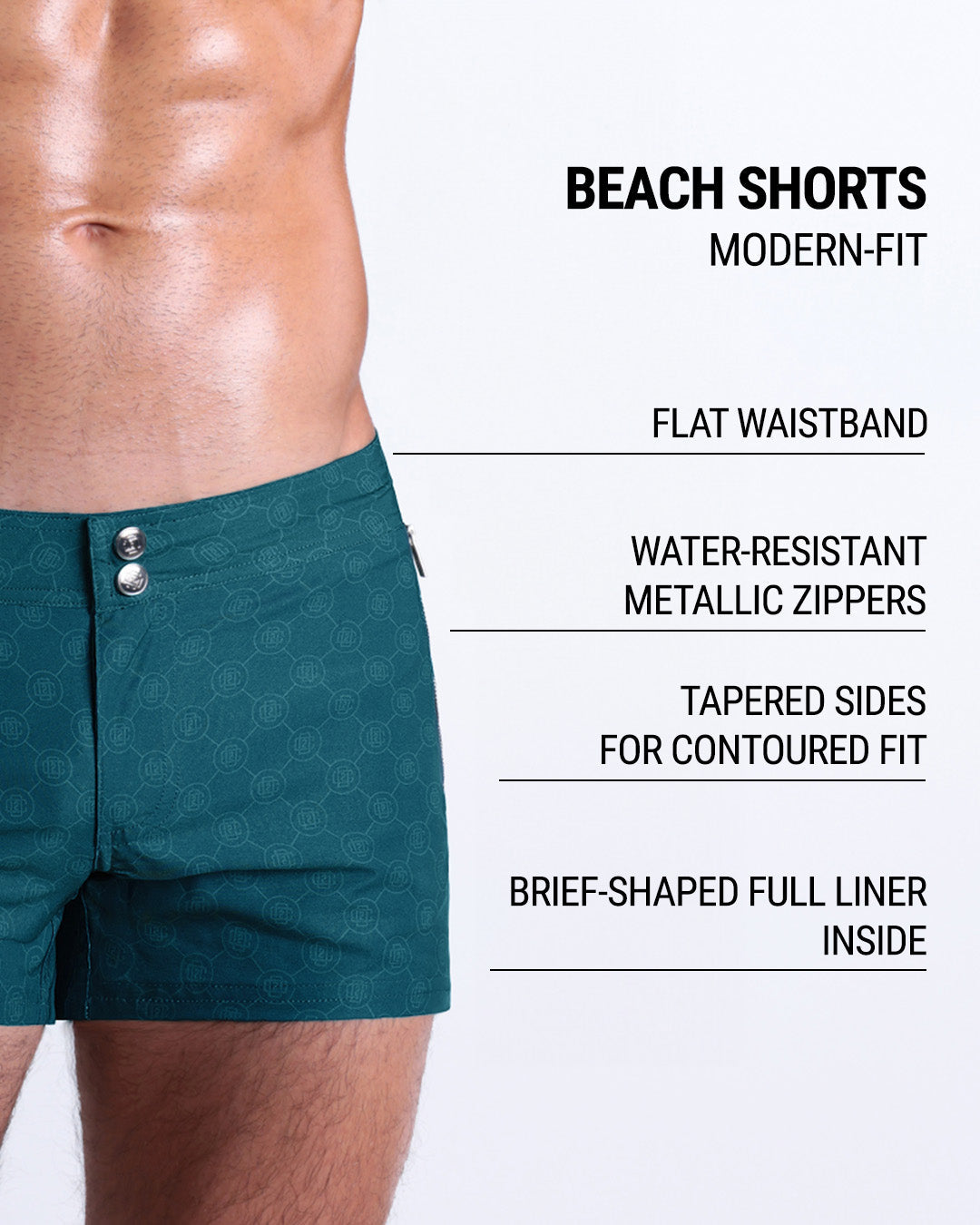 Infographic displaying the contemporary fit of DC2 Beach Shorts. These shorts feature a flat waistband, water-resistant metallic zippers, tapered sides for contoured fit, and a brief-shaped full liner inside.