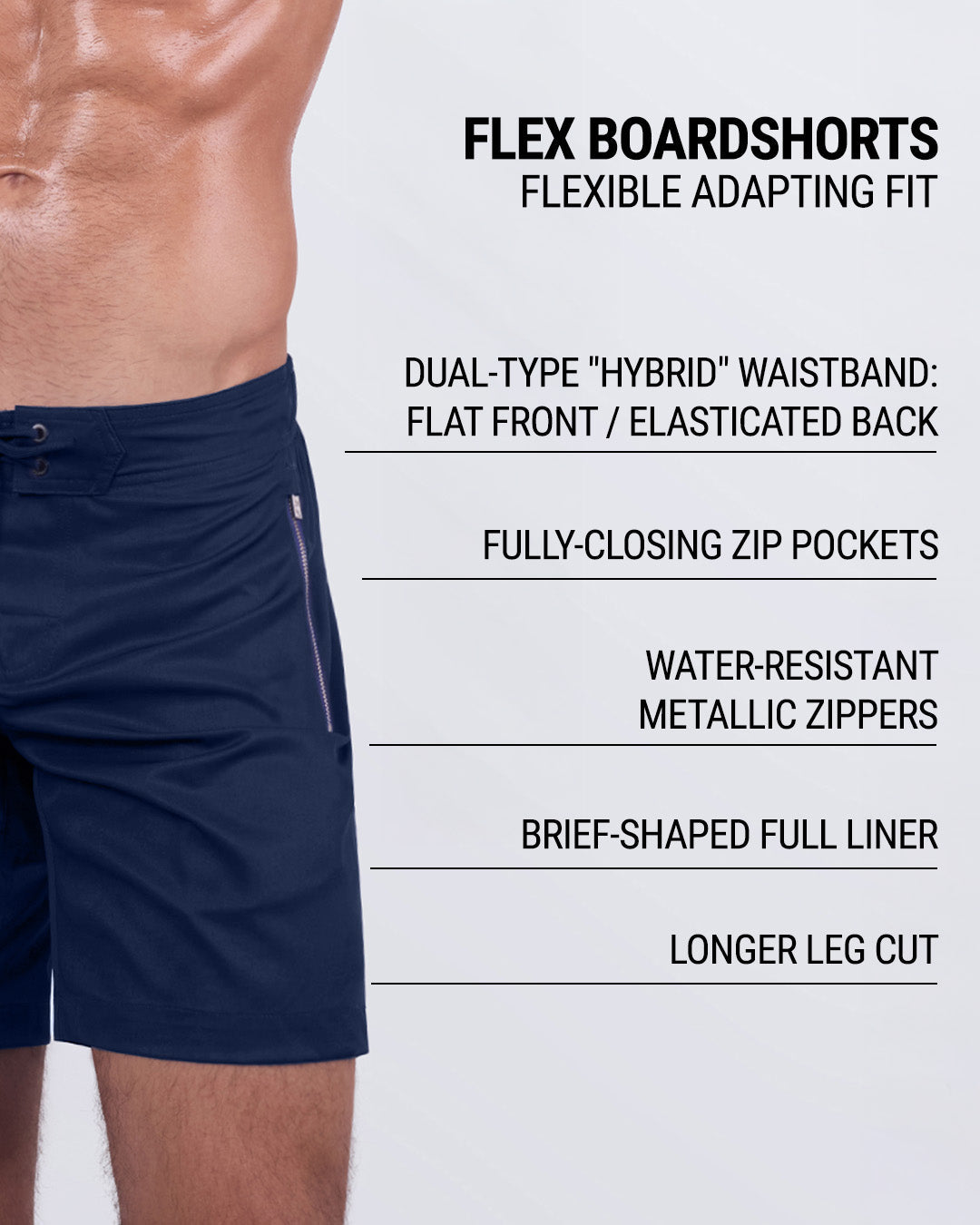Detailed close-up of the NAVY BOOMER Flex Boardshorts by DC2 Miami, highlighting key features: dual-type hybrid waistband (flat front with elasticated back), fully-closing zip pockets, water-resistant metallic zippers, a brief-shaped full liner, and a longer leg cut for a modern, stylish fit.