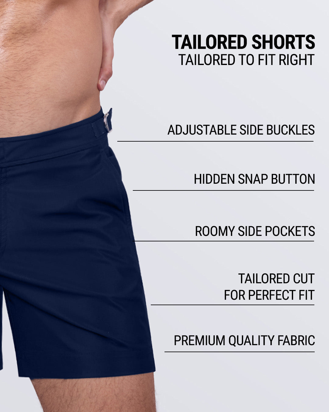 NAVY BOOMER - Men's designer swim shorts in a tailored cut with roomy side pockets, quick-dry premium fabric, and a hidden snap button. A must-have for modern men’s resort wear and luxury swimwear.