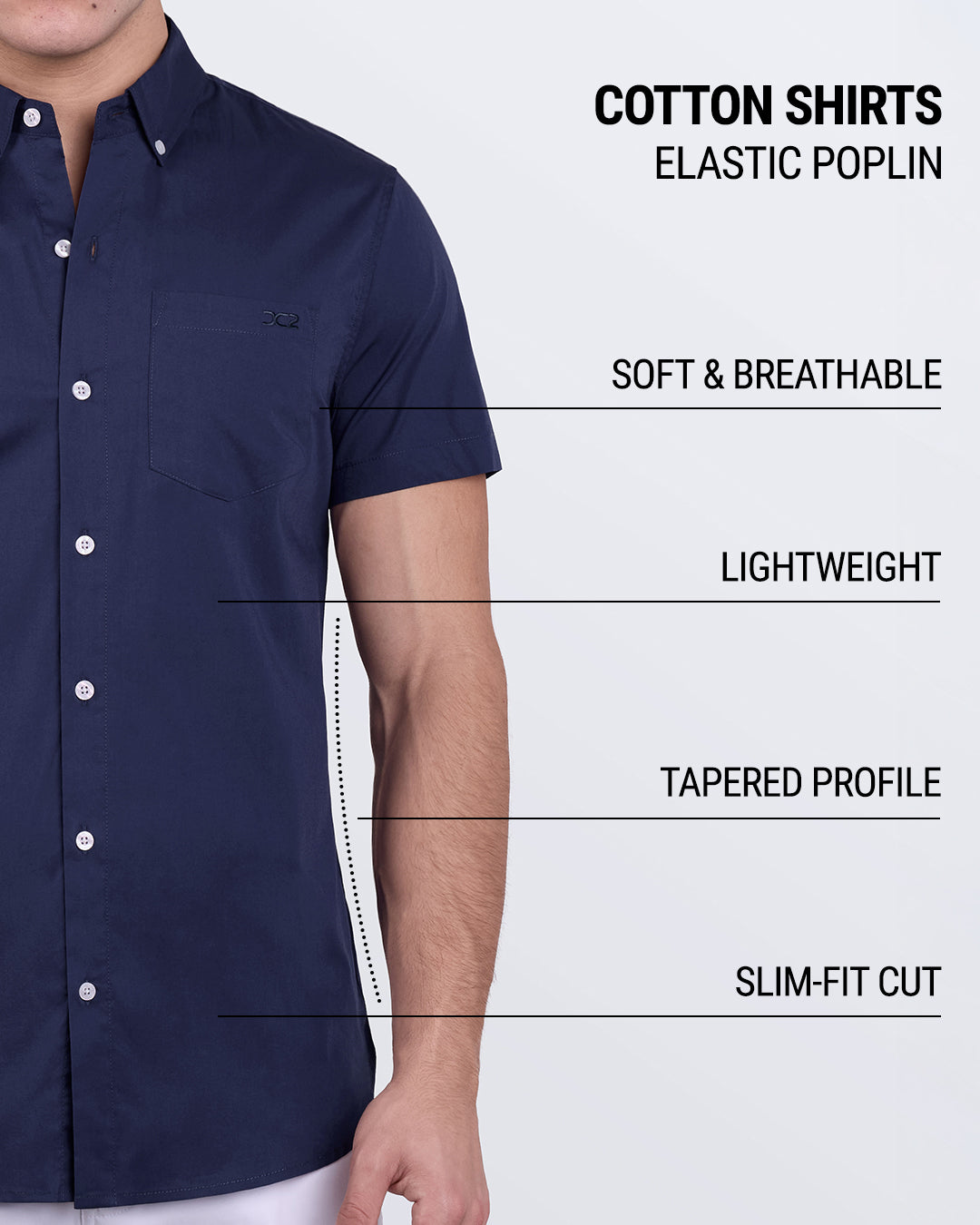 DC2 Navy Boomer cotton shirt – breathable, lightweight, slim-fit, and tapered for a sharp silhouette.