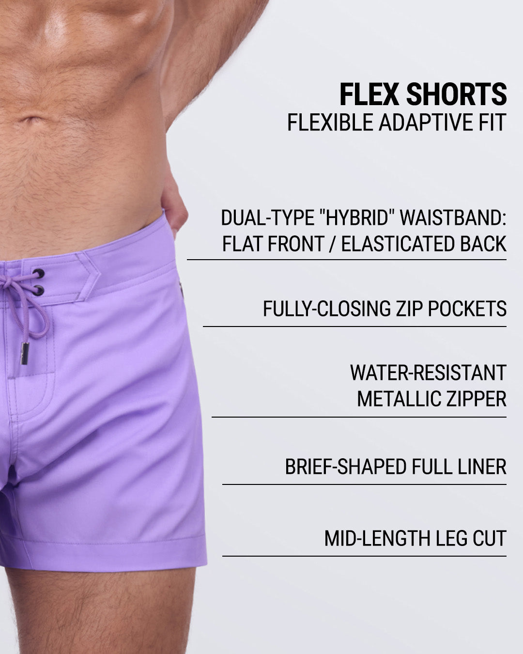 Close-up emphasizing key features: hybrid waistband, fully-closing zip pockets, water-resistant metallic zipper, and brief-shaped full liner for superior comfort and performance.