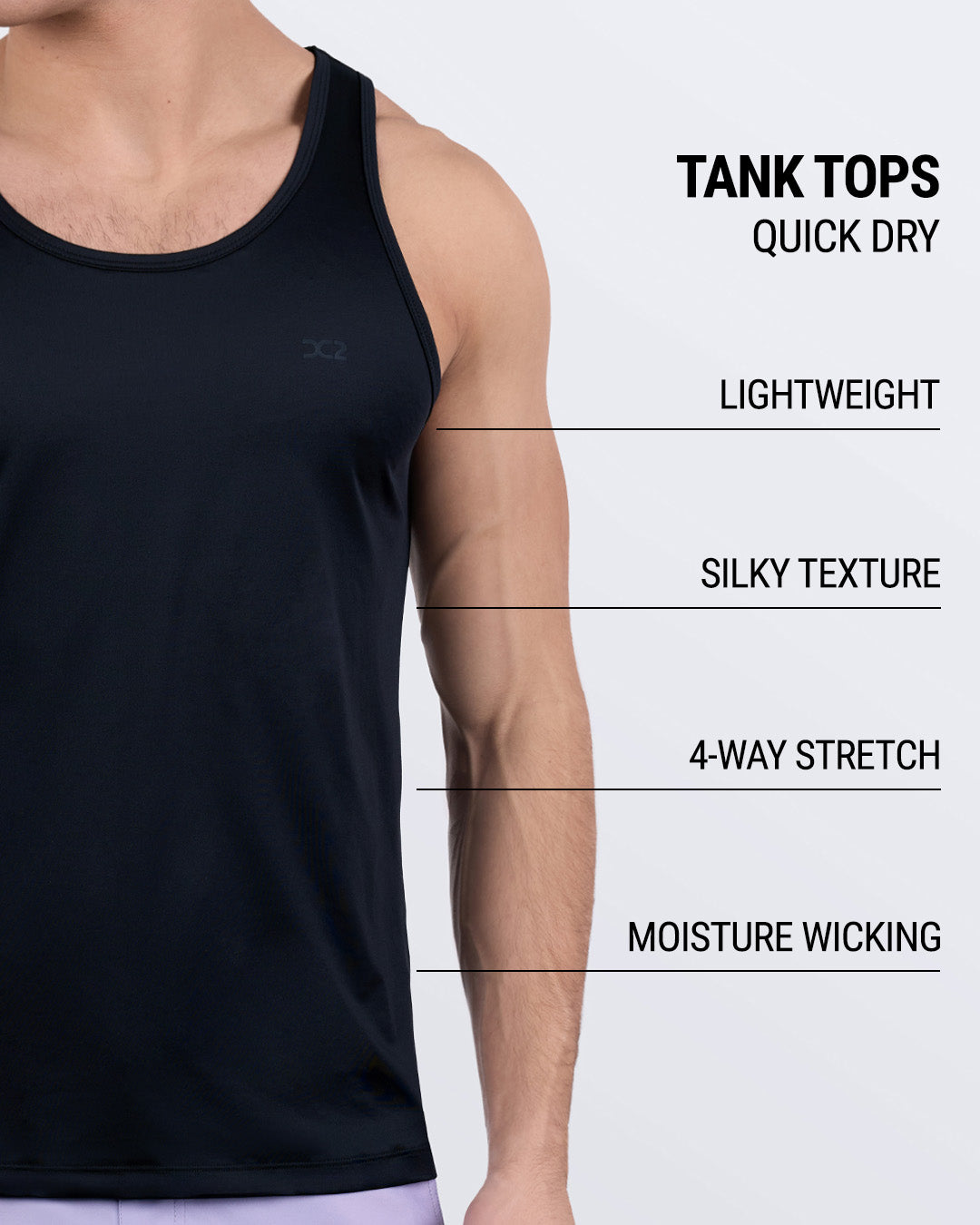 Performance-focused DC2 NEUTRON BLACK men’s training tank top with quick-dry, moisture-wicking, and 4-way stretch features.