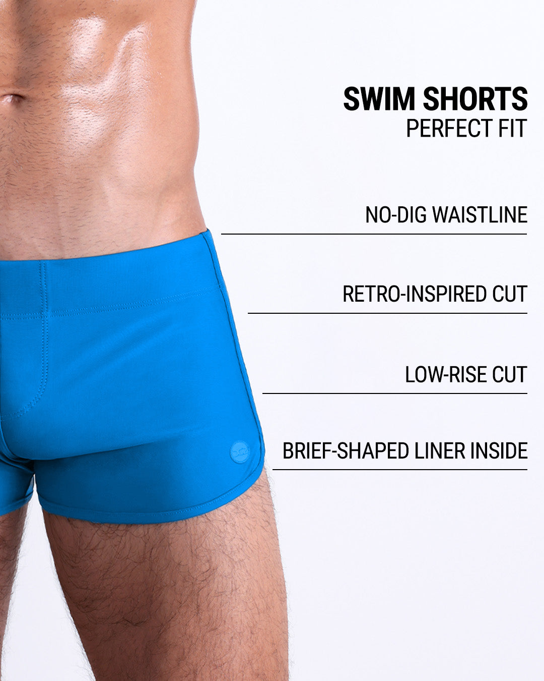 Product details graphic of NEW WAVE BLUE Swim Shorts — showcasing perfect-fit swimwear with no-dig waistline, low-rise cut, and inner brief liner.