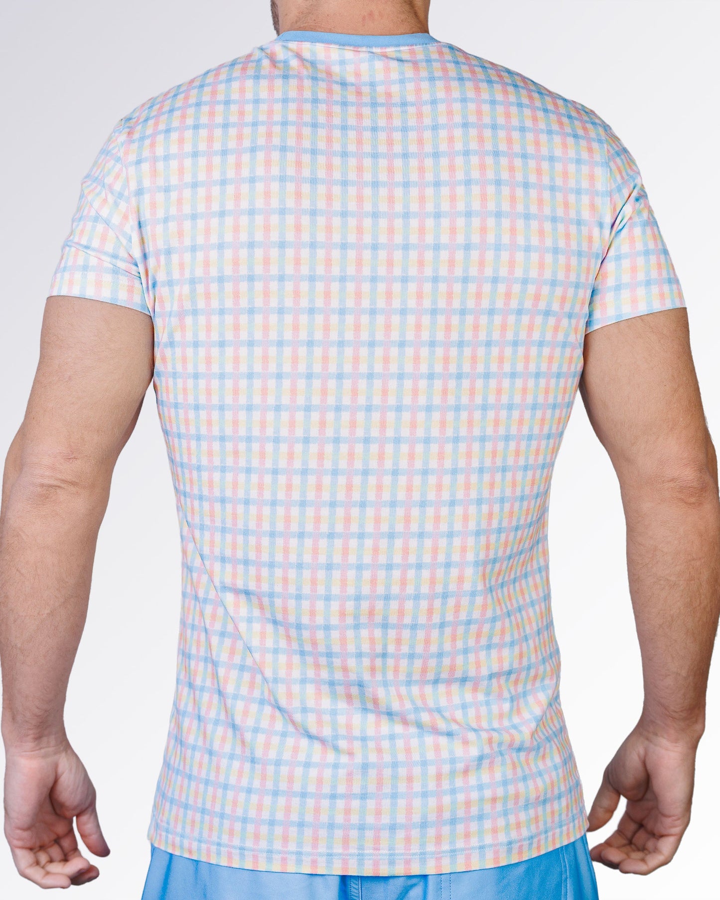Back view of the Ocean Drive Check Cotton Graphic T-Shirt by DC2 Miami featuring an all-over pastel check pattern in blue, pink and yellow.