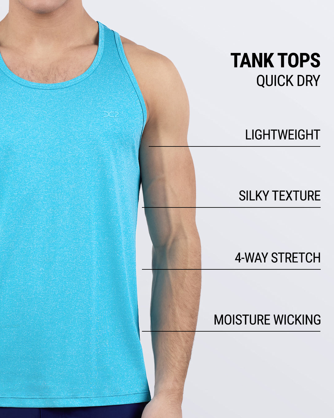DC2 Miami Olympic Blue Tank Top — model wearing fitted tank in Olympic blue, highlighting quick-dry, lightweight fabric with silky texture, 4-way stretch, and moisture-wicking performance.