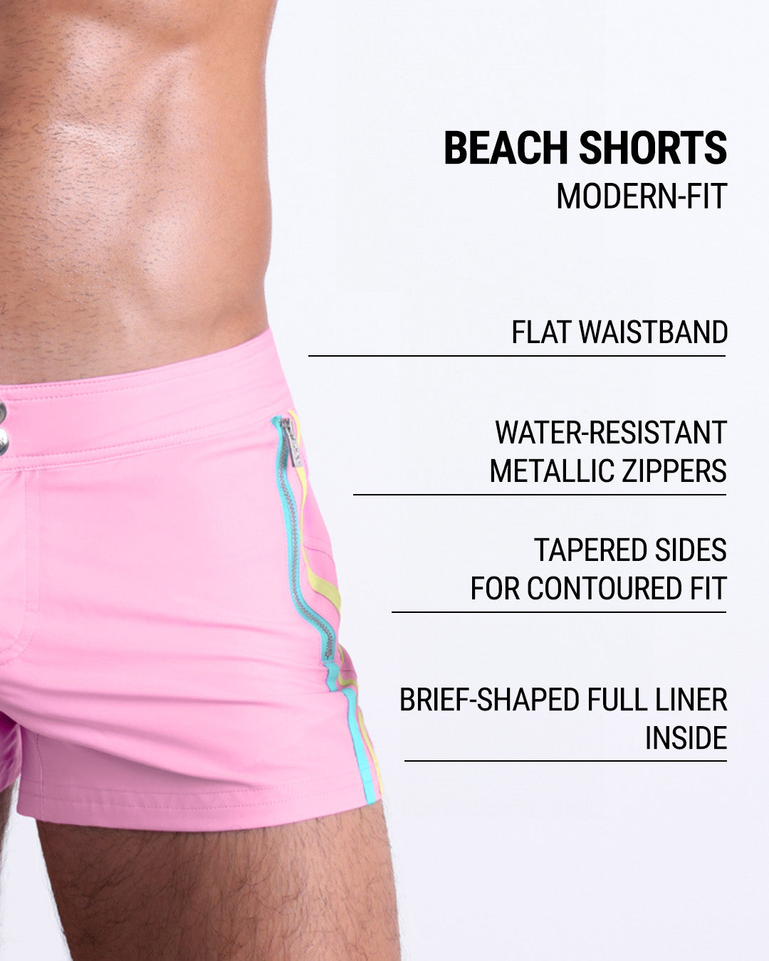 Infographic displaying the contemporary fit of DC2 Beach Shorts. These shorts feature a flat waistband, water-resistant metallic zippers, tapered sides for contoured fit, and a brief-shaped full liner inside.