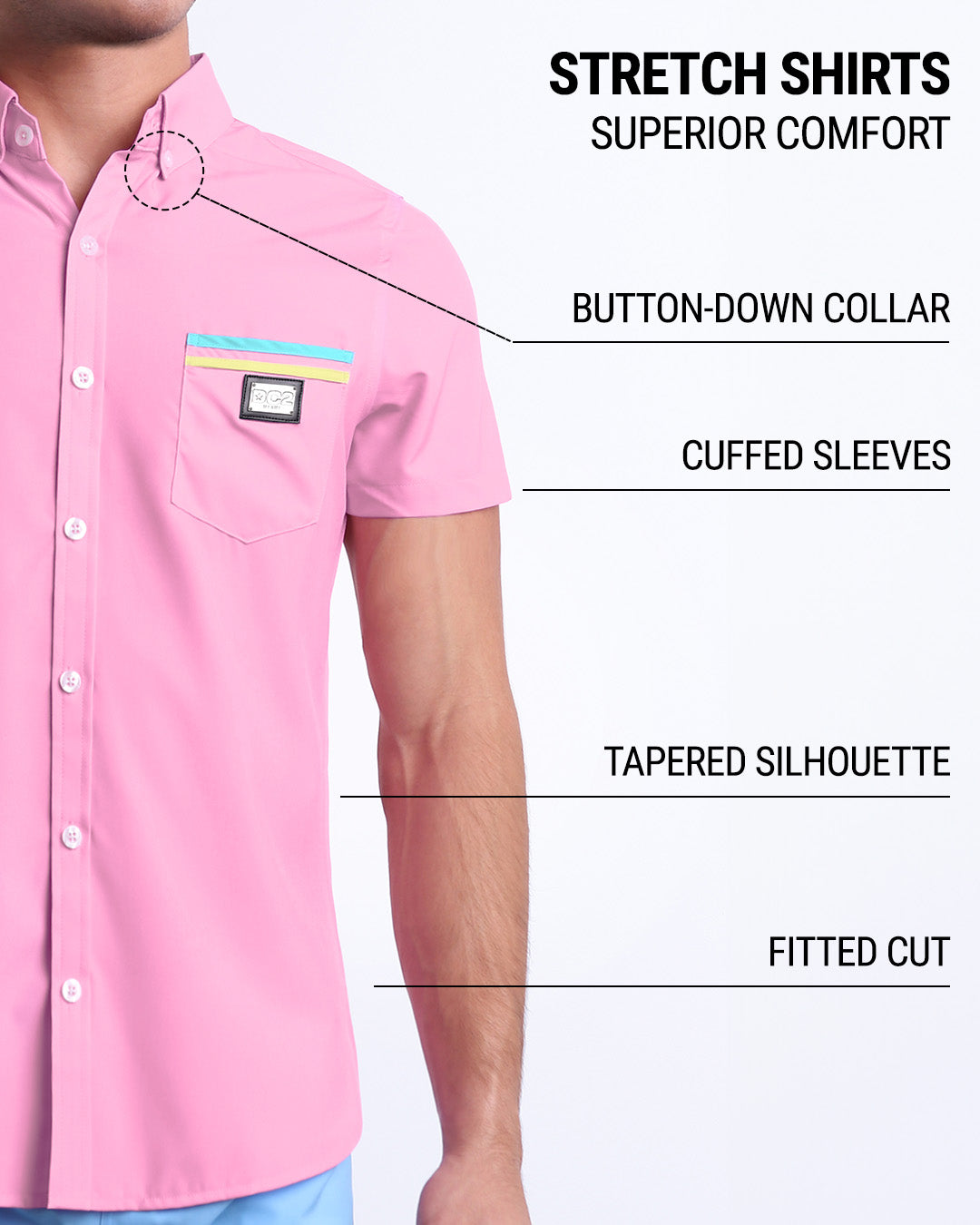 Infographic displaying the contemporary fit of DC2 men's sleeveless Hawaiian Stretch Shirt. This button up shirt features a button-down collar, cuffed sleeves, tapered silhouette, and a fitted cut.