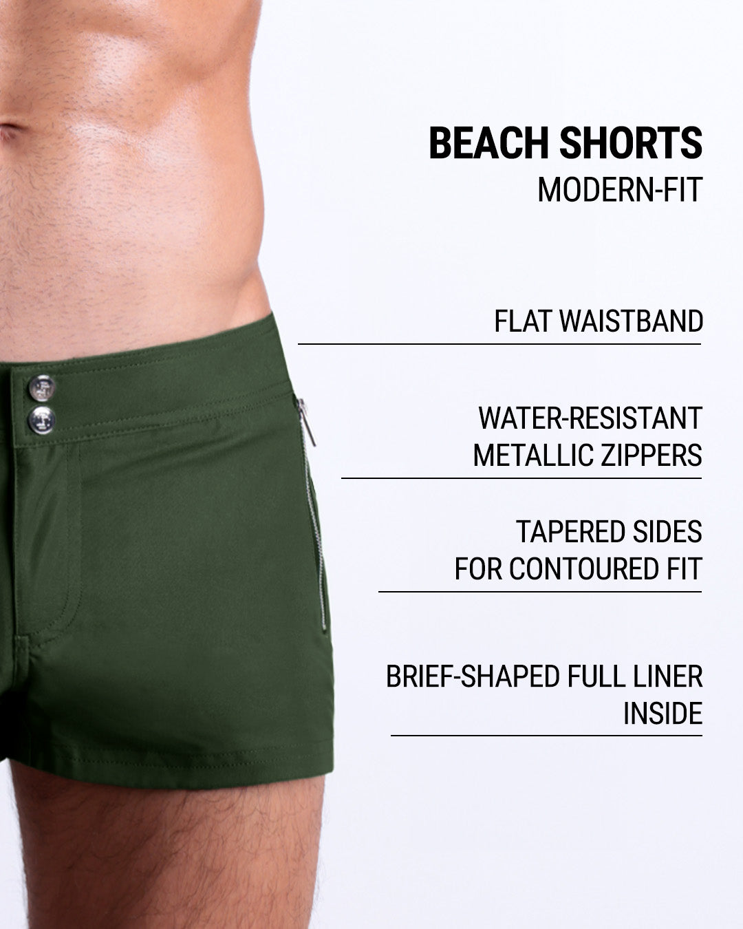 Infographic displaying the contemporary fit of DC2 Beach Shorts. These shorts feature a flat waistband, water-resistant metallic zippers, tapered sides for contoured fit, and a brief-shaped full liner inside.
