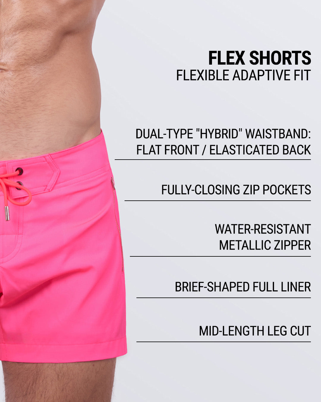 Close-up image emphasizing key features: hybrid flat front and elastic waistband, fully-closing zip pockets, water-resistant metallic zipper, brief-shaped full liner, and mid-length leg cut for a sleek fit.