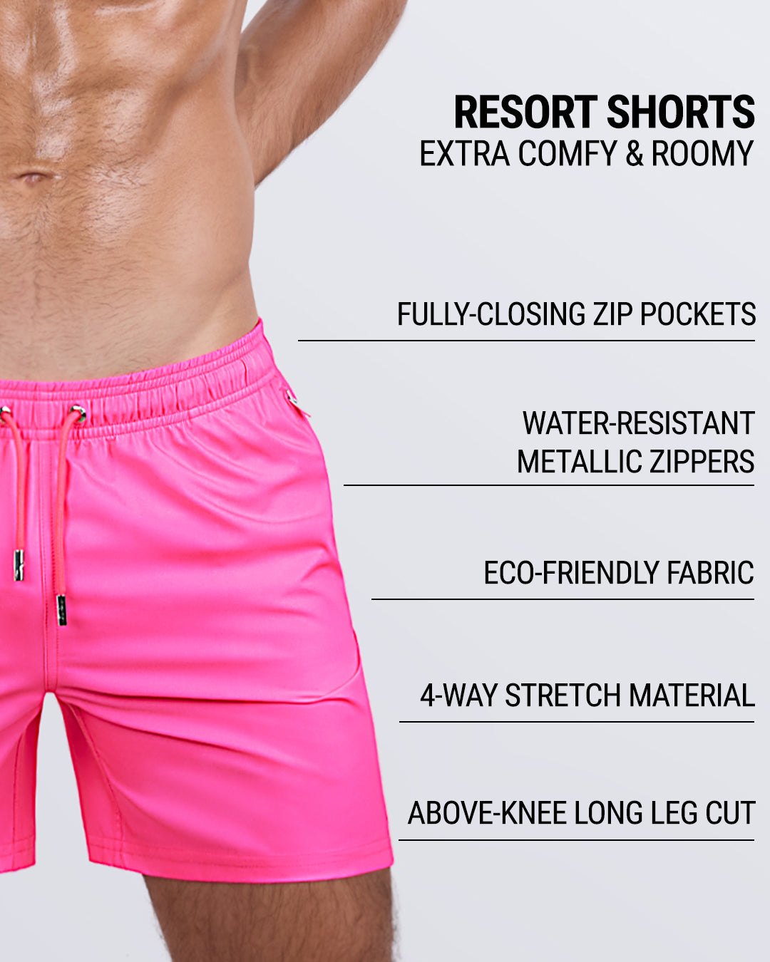Infographic showing DC2 Miami Men's Resort Shorts in hot pink. Extra comfy and roomy beachwear with drawstring fastening, premium quality fabric, water-repellent, quick-dry material, 4-way stretch, fully-closing zip pockets, and water-resistant metallic zippers.