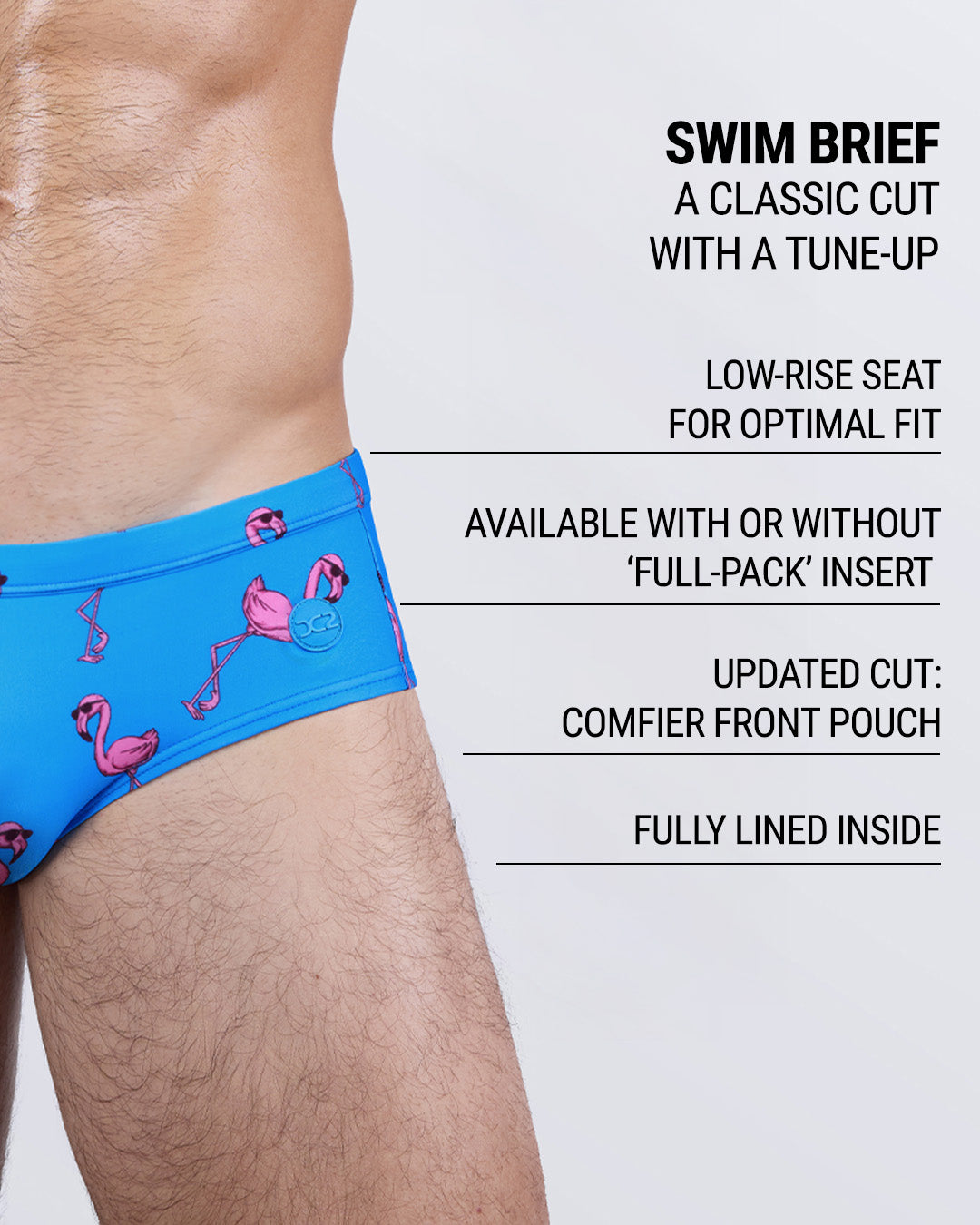 DC2 Miami PINK FLAMINGOS men’s swim brief features low-rise seat, contoured pouch, full lining, and optional pack insert in playful flamingo print.