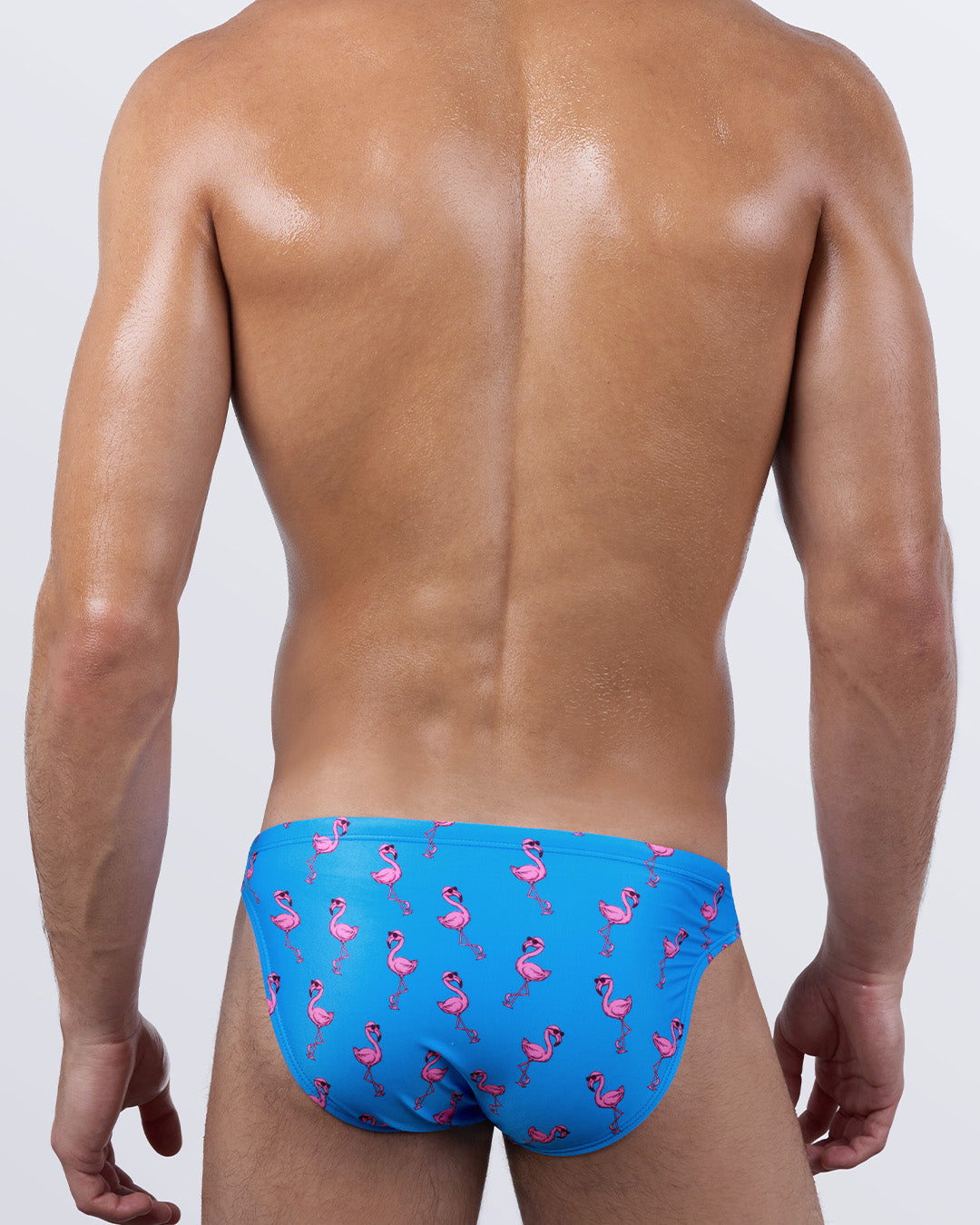 Back view of the DC2 PINK FLAMINGOS men’s swim mini briefs, featuring a snug, sculpted fit and cheeky cut. Vibrant printed men's swimwear for the bold beachgoer or poolside stunner.