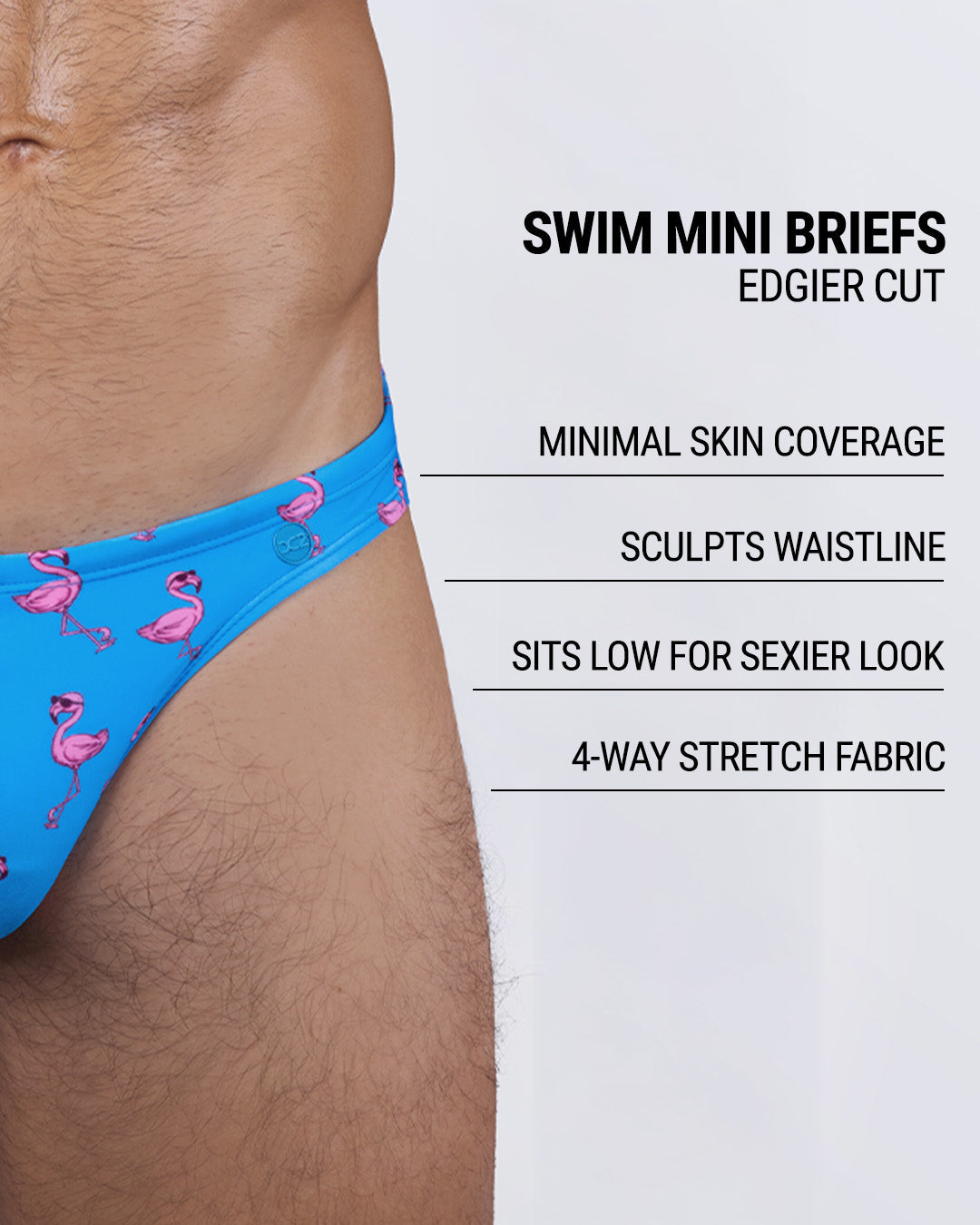 Infographic explaining the edgier cut of the Swim Mini Briefs. Features sculpt waistline, 4-way stretch fabric, sits low for sexier look, and has quick-dry material.