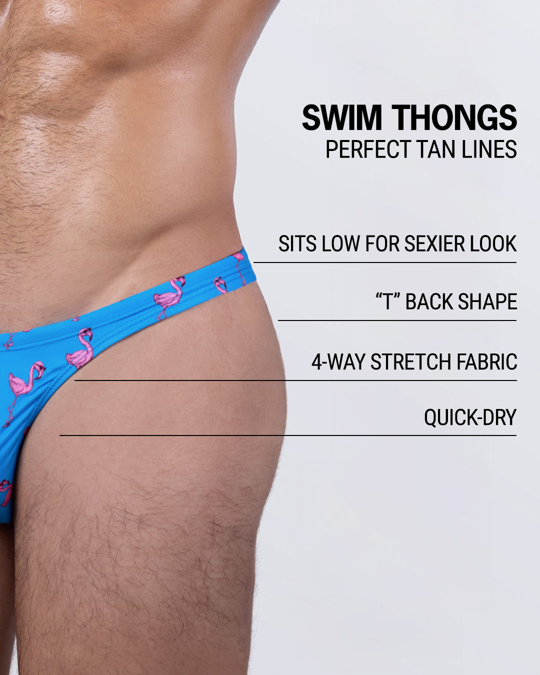 Close-up of PINK FLAMINGOS swim thong highlighting features: low-rise cut, T-back shape, 4-way stretch fabric, and quick-dry technology. Ideal for sun-soaked adventures.
