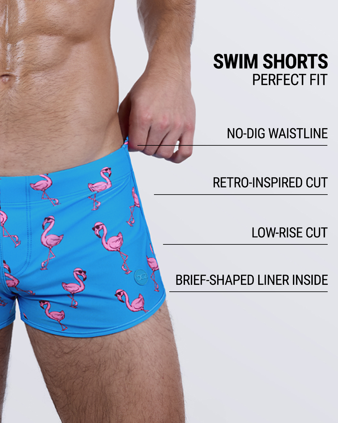 Breakdown of the PINK FLAMINGOS Swim Shorts – featuring no-dig waistband, retro low-rise silhouette, and supportive brief-style lining.