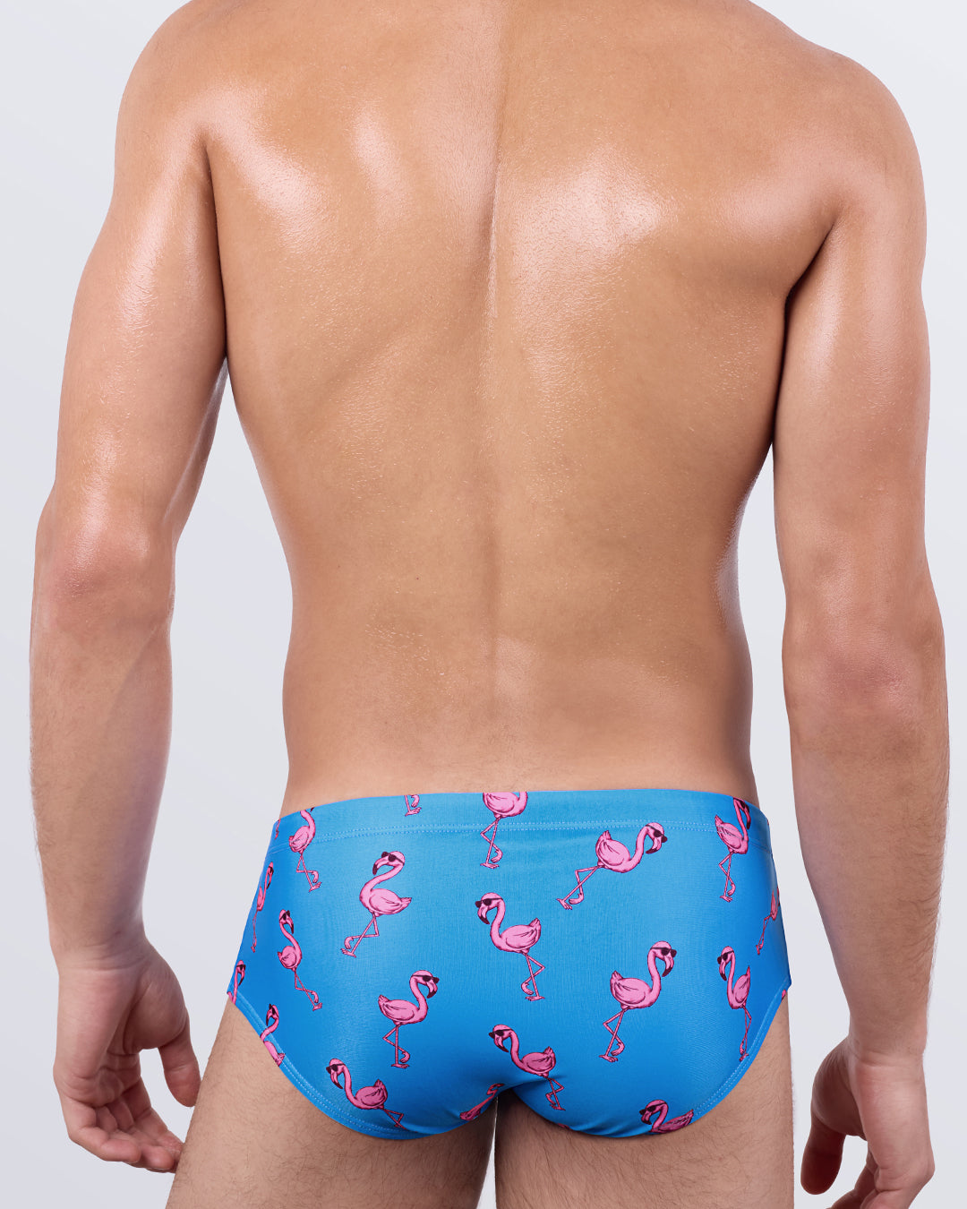 Back view of PINK FLAMINGOS men’s swim sunga showing seamless coverage and a fun all-over flamingo print on electric blue fabric. Comfortable and supportive for beach or pool.