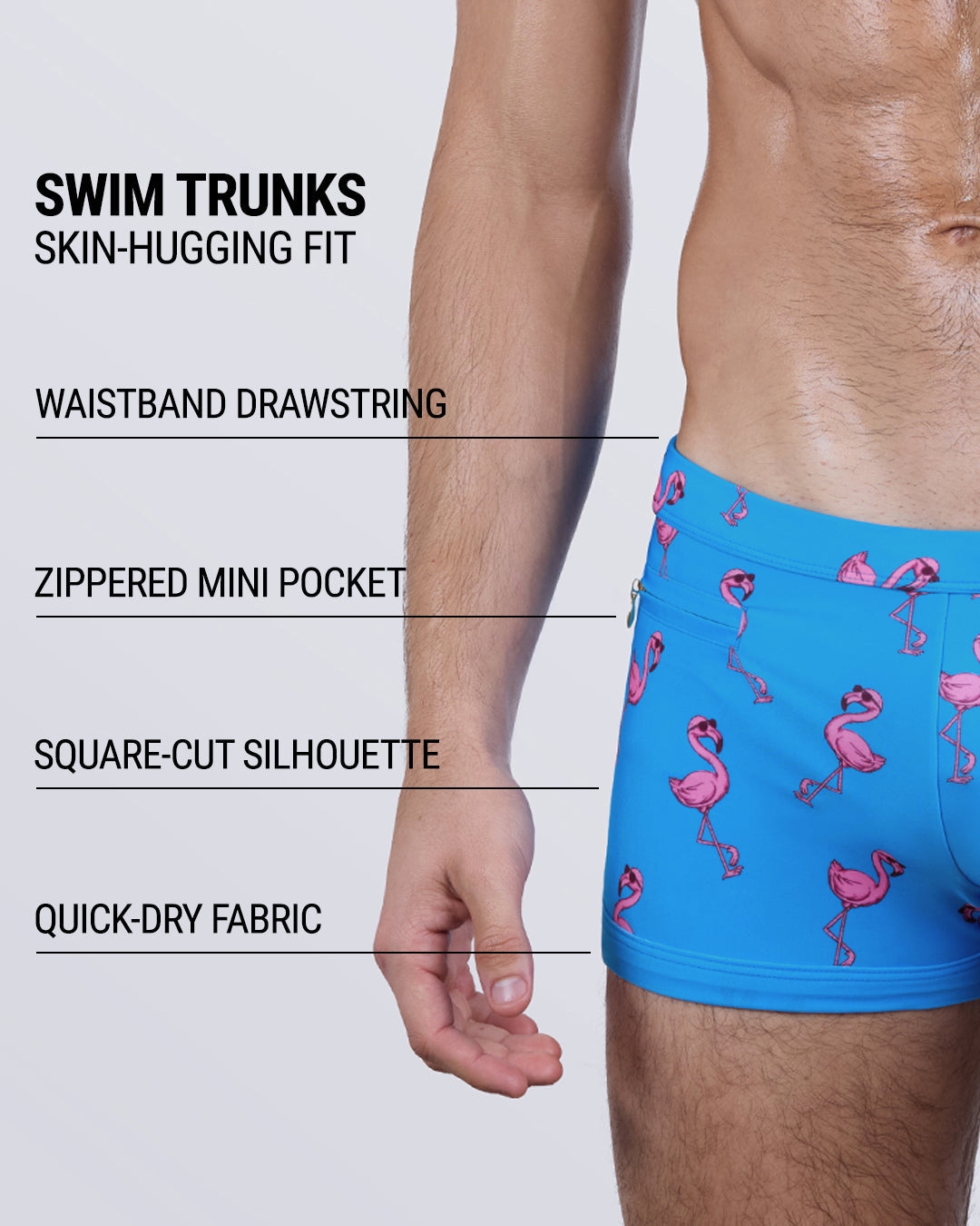 PINK FLAMINGOS swim trunks feature key elements: a contour-enhancing square-cut fit, zippered side pocket, adjustable drawstring waistband, and quick-dry fabric with a bold flamingo print for statement summer looks.