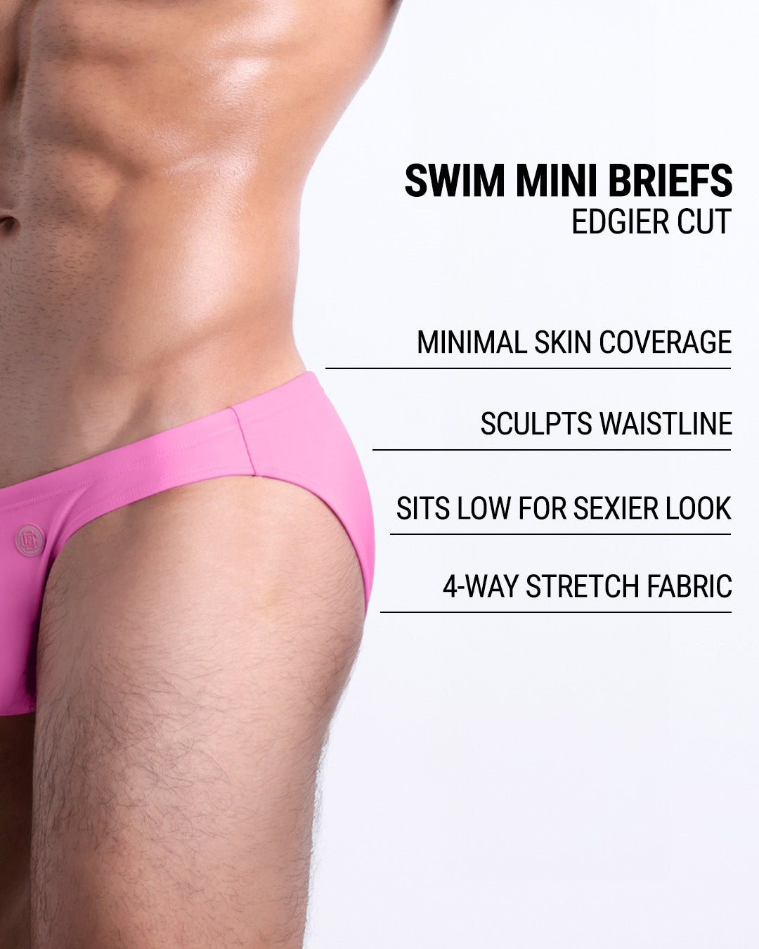 Infographic explaining the edgier cut of the Swim Mini Briefs. Features sculpt waitline, 4-way stretch fabric, sits low for sexier look, and has quick-dry material.