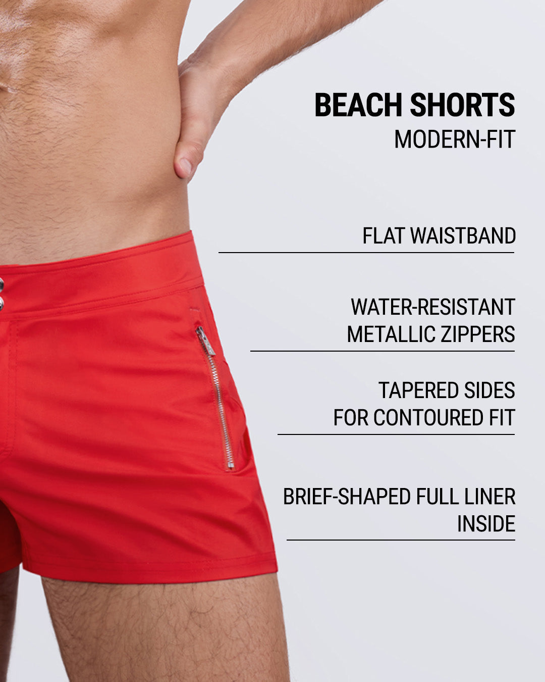 "Infographic featuring a close-up of a male model wearing red modern-fit beach shorts with a flat waistband, water-resistant metallic zippers, tapered sides for a contoured fit, and a brief-shaped full liner inside.