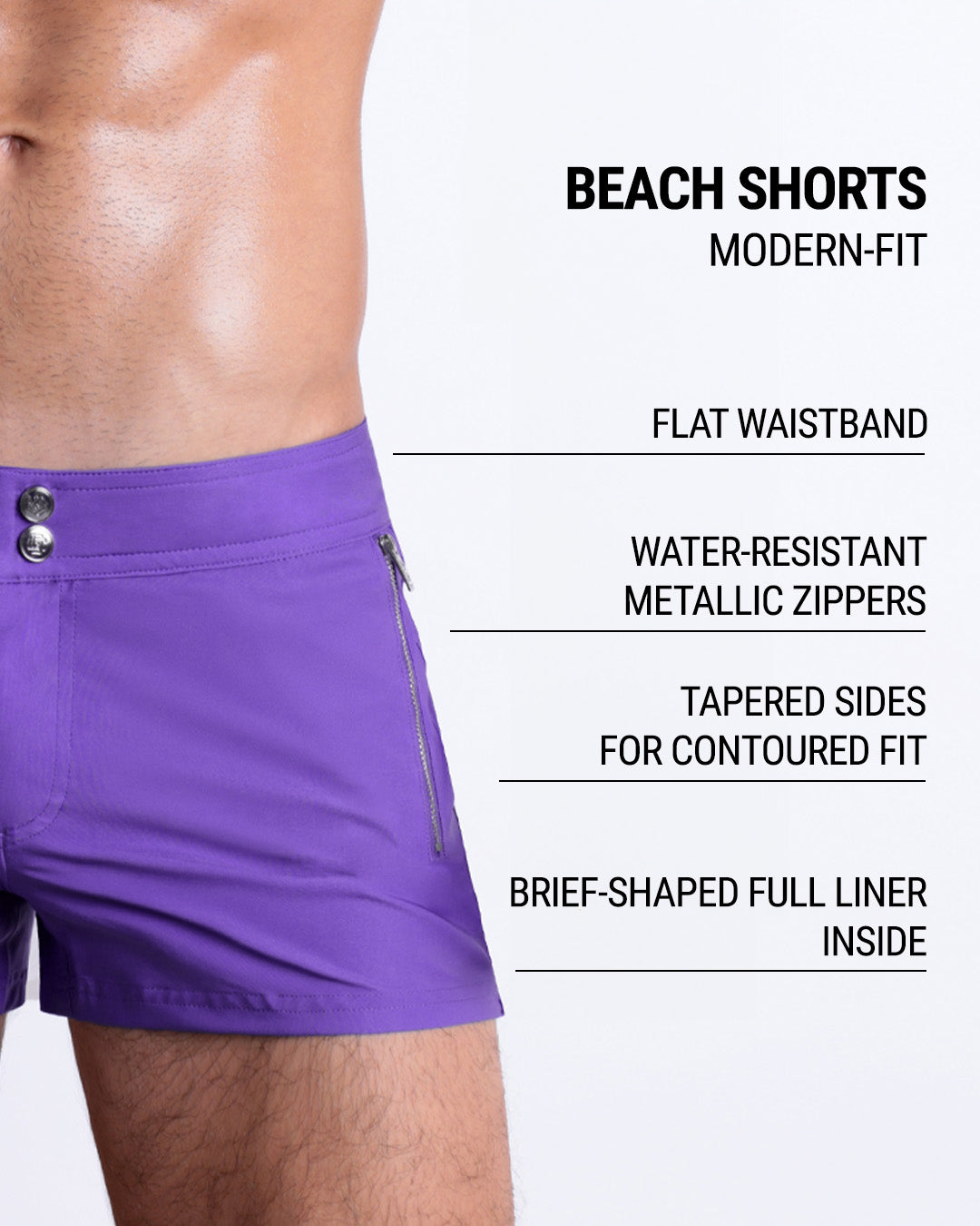 Infographic displaying the contemporary fit of DC2 Beach Shorts. These shorts feature a flat waistband, water-resistant metallic zippers, tapered sides for contoured fit, and a brief-shaped full liner inside.