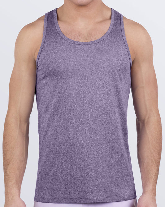 Male model wearing DC2 PURPLE MARVEL gym tank top in lavender purple, designed for men’s workouts and CrossFit training with moisture-wicking, quick-dry performance fabric