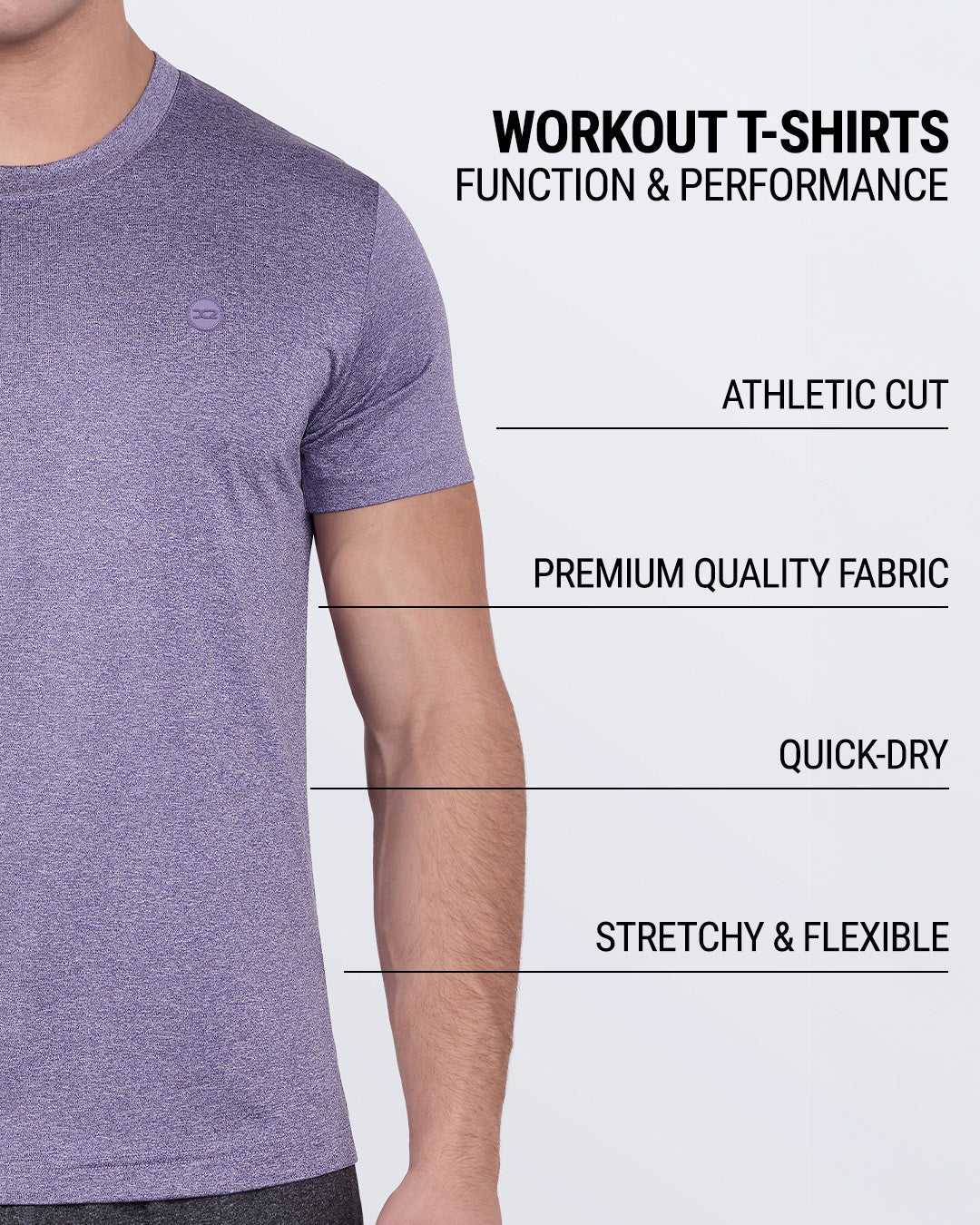Product details graphic of Purple Marvel Fitness T-shirt — showcasing premium fabric, moisture-wicking properties, and ergonomic cut.