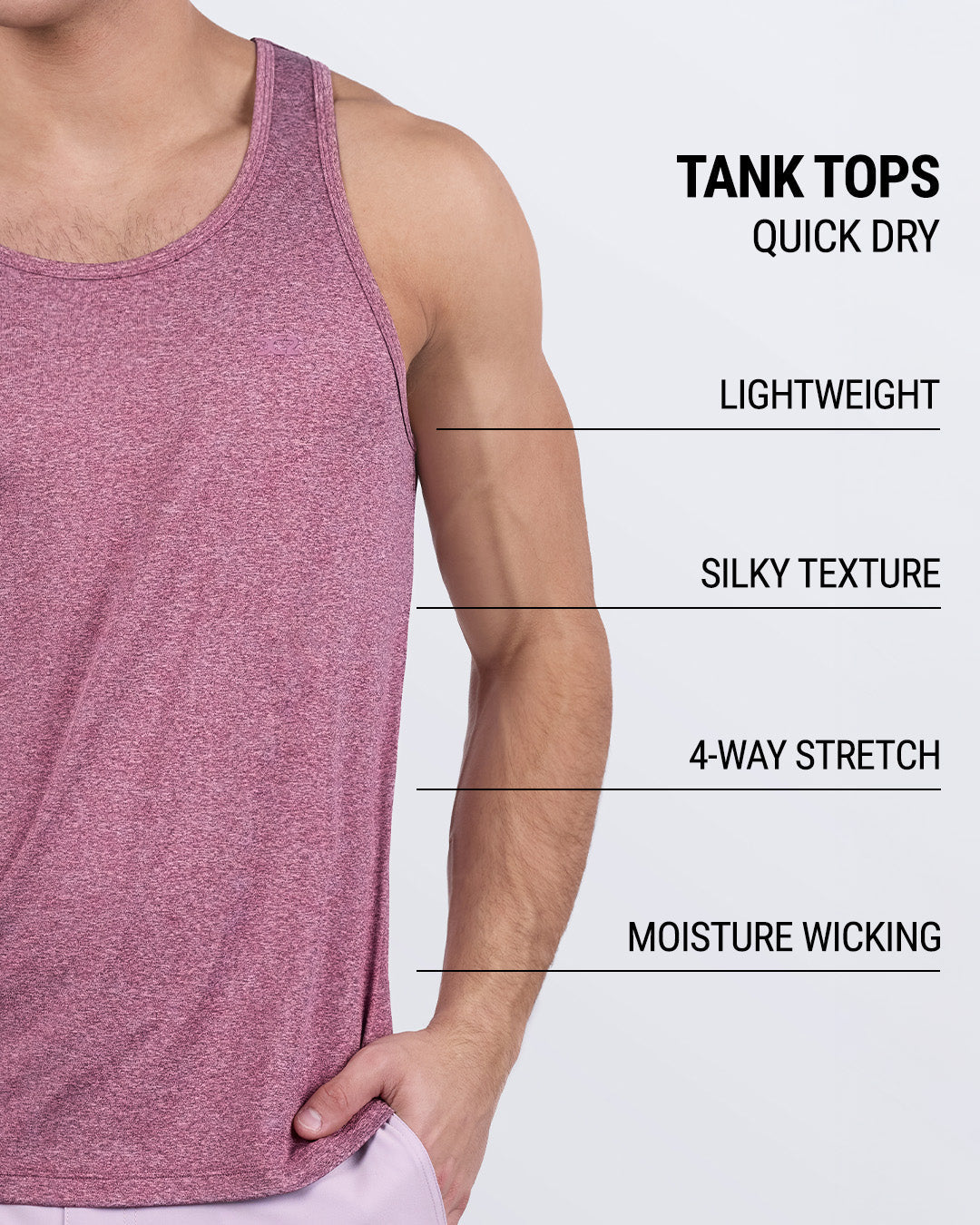 Close-up of RIPPED CRIMSON men’s fitness tank top highlighting key features: lightweight, silky texture, 4-way stretch, moisture-wicking, and quick-dry design for activewear.