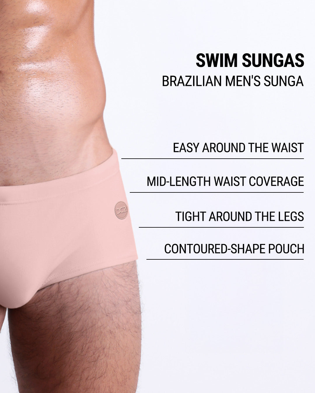 DC2 SKINNY DIP Swim Sunga — nude pink men’s swimsuit with snug leg fit and comfort waistband.