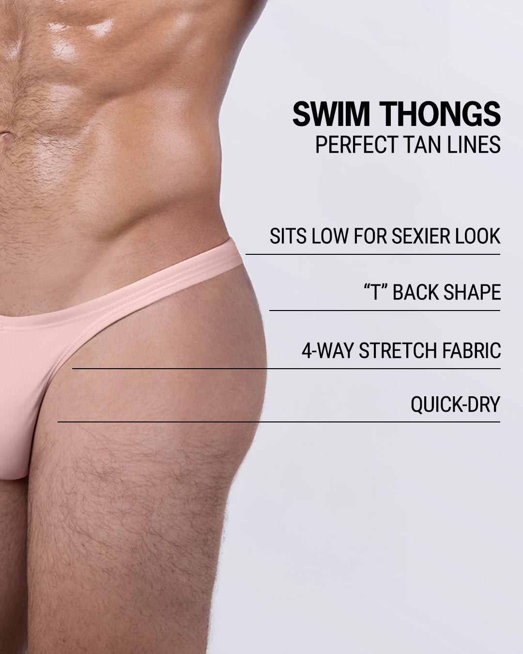 Swim thong product infographic – quick-dry fabric, 4-way stretch, low-rise cut, and flattering thong shape for men’s swimwear.