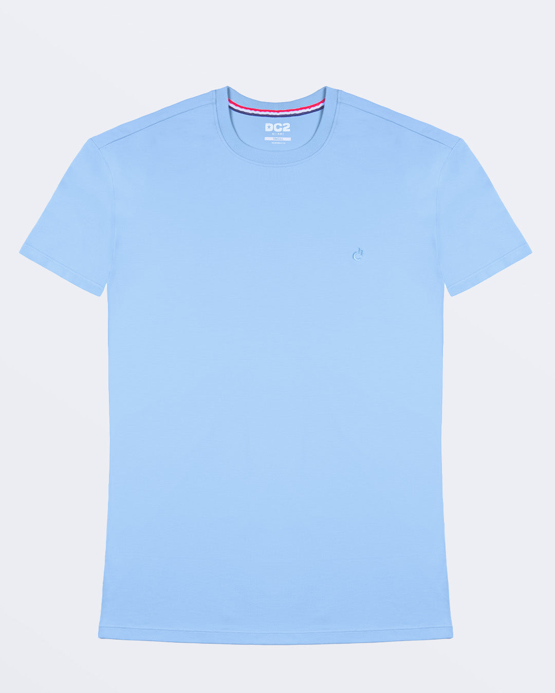 Frontal view of a male model wearing a light blue color modal cotton t-shirt, crafted for stylish casual wear and beachwear by DC2 Miami. Premium quality men's streetwear t-shirt, perfect fit for summer fashion.