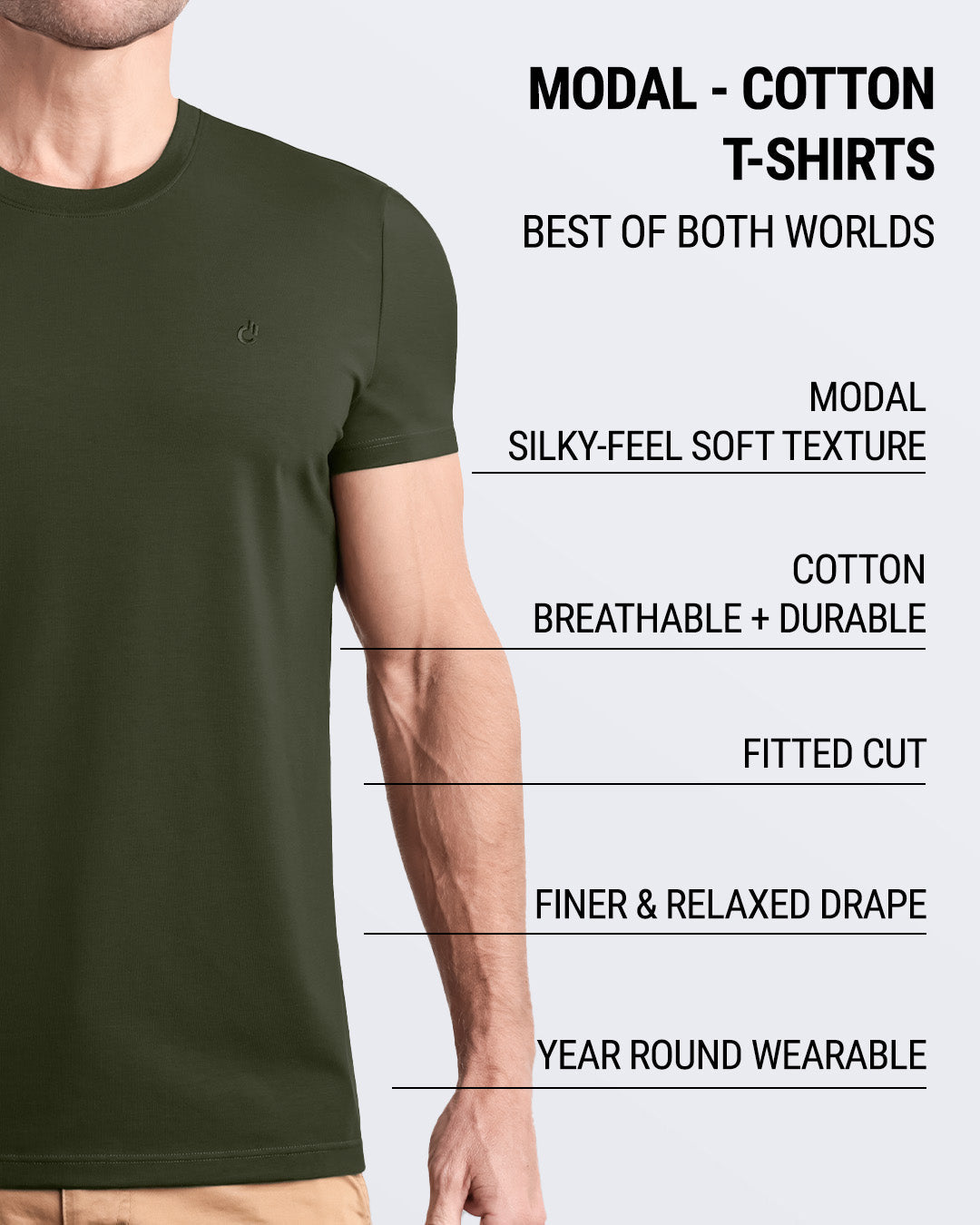 Male model wearing a green modal-cotton T-shirt with a fitted cut, designed for comfort, breathability, and durability.