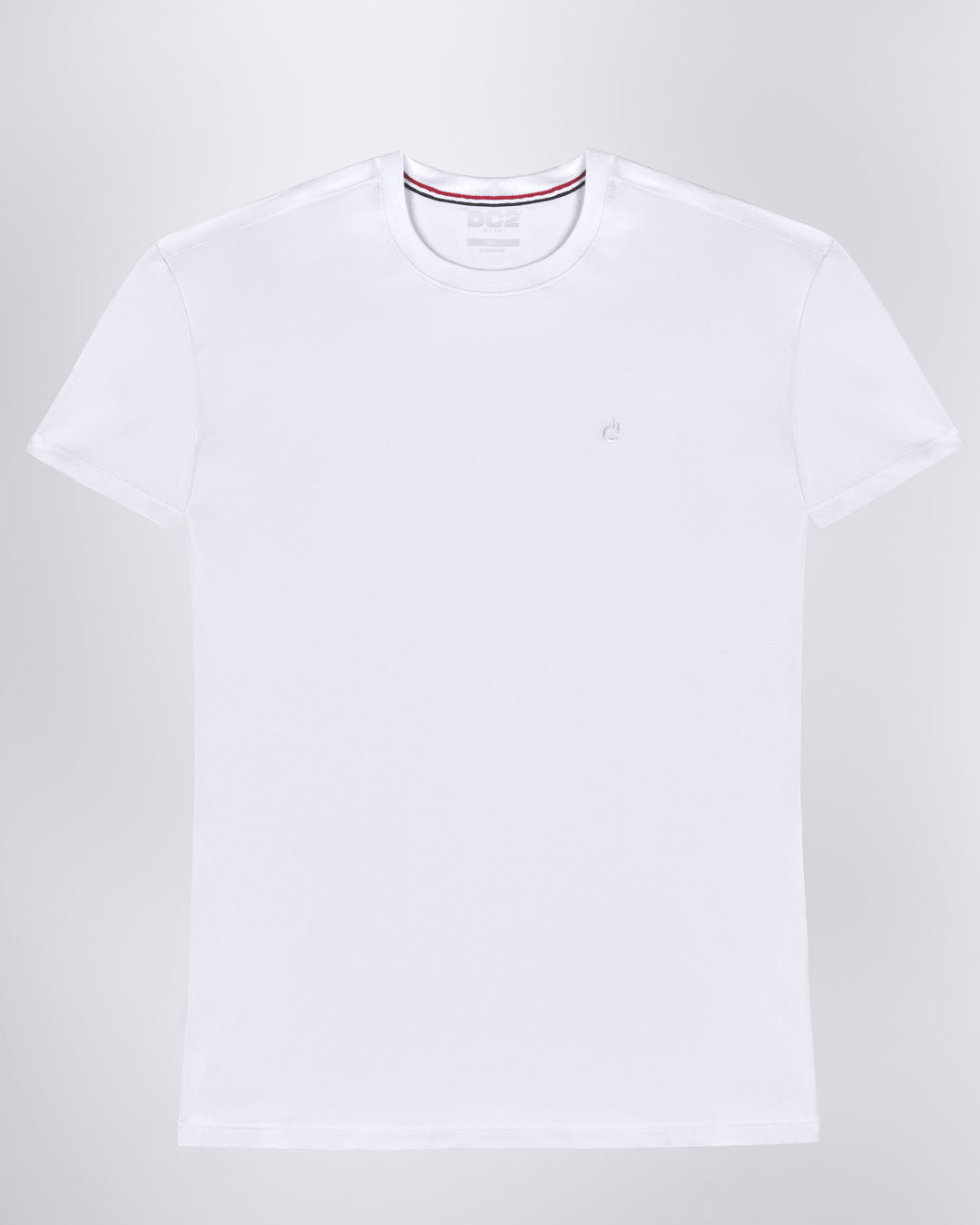 Frontal view of a male model wearing a solid white color modal cotton t-shirt, crafted for stylish casual wear and beachwear by DC2 Miami. Premium quality men's streetwear t-shirt, perfect fit for summer fashion.